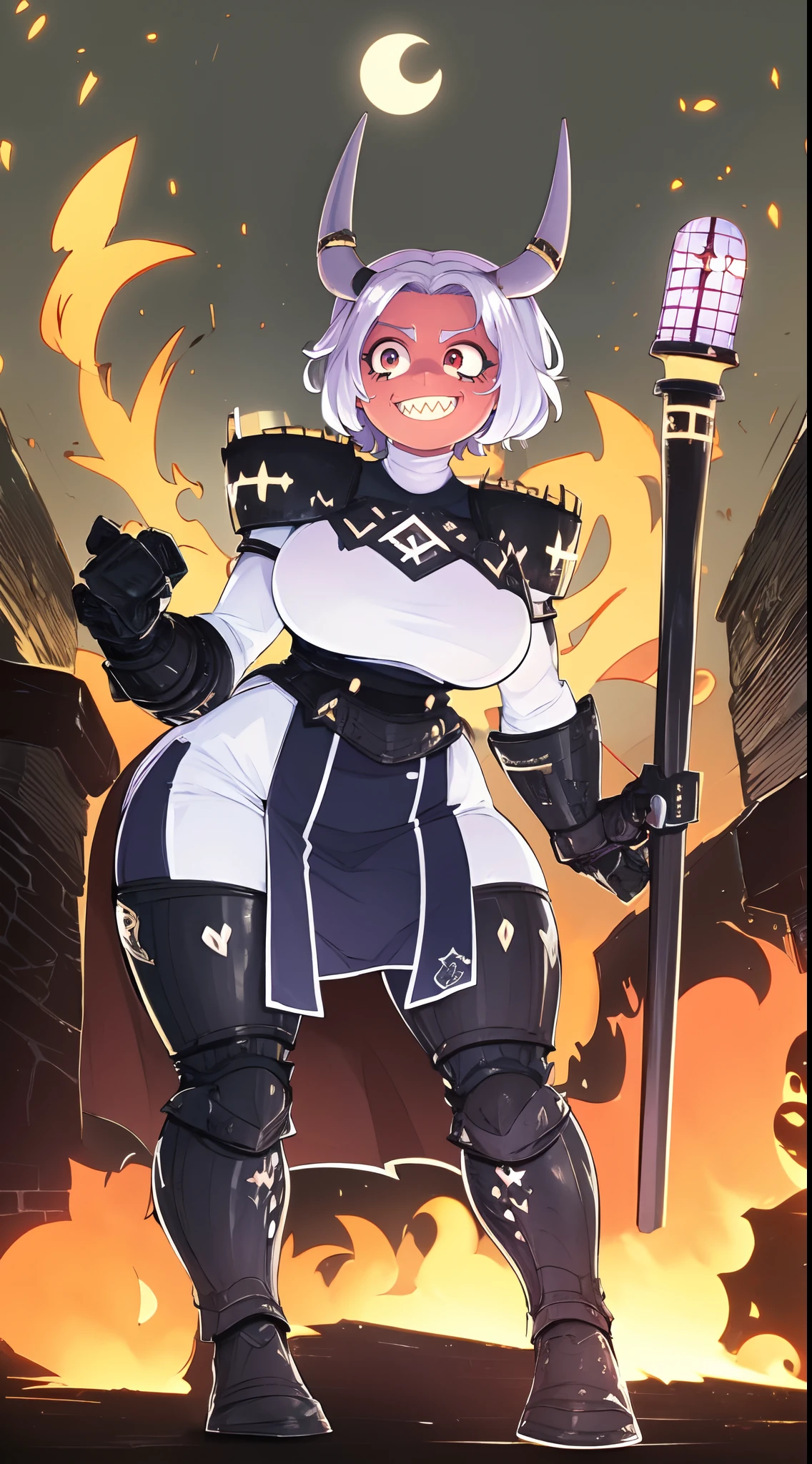 nun, demon girl, walking, , warpriesstes, silver hair, short hair, sacred gauntlets, long ski, cute smile, pure smile, love smile,,veillong skirt, pantyhose, staff holding, armor, gloves, standing, full body,sharpteeth