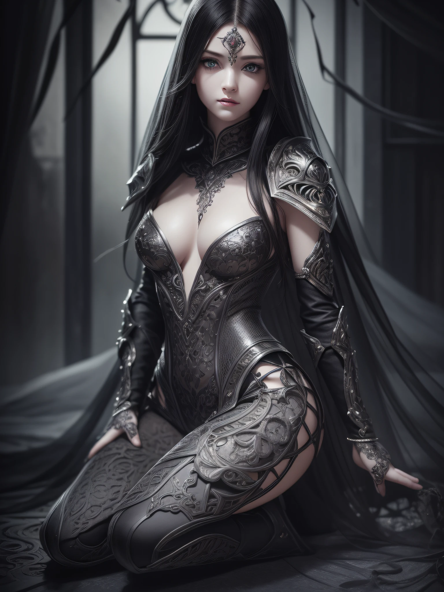 (highest quality))), ((masterpiece)), ((intricate details)), 32k, Sharpness, Highly detailed CG, Perfect artwork, detailed and detailed details, Fantastic art, Fantasy work, dark atmosphere:1.8, Spooky, Perfect female figure, ((Early 20s female)), Leg line beauty, Very delicate and beautiful, best quality, beautiful detailed girl, beautiful fine eyes, face lightsRealistic representation of face, intricate details, makeup, ((staring at the viewer,crazy,faint smile:1.4)), (Female Knight: 1.8), ((Full body armor: 1.9,Iron,Black leggings:1.3,Creepy armor,decoration,Black,No shine,Complex and dense,Detail,Armor,No exposure:1.8))),(Detailed beautiful delicate face, detailed beautiful delicate eyes, face) perfect proportions, Perfect face modeling:1.1, Detailed skin, Detailed skin, (Dense and detailed sparkling gemstone piercing:0.5), Full body:1.5, Darkness, Darkness, Mad, Legs crossed, Corrupt, Skull, Dark room:1.1