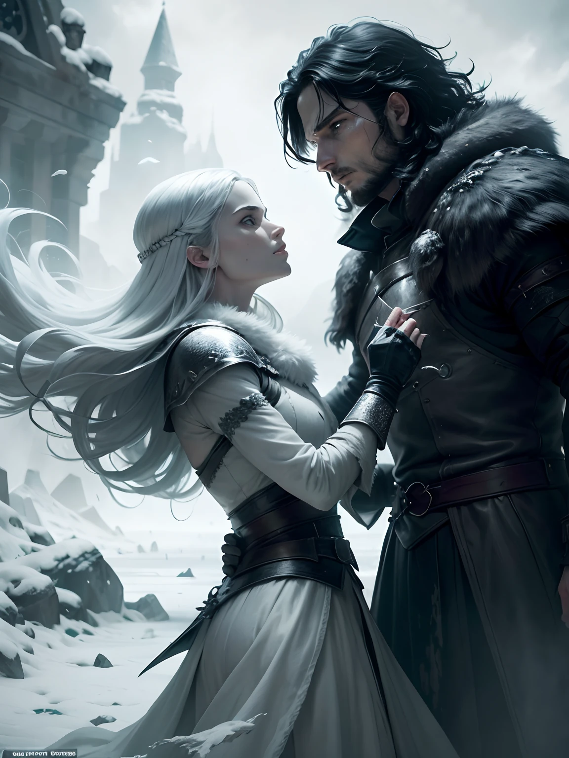 "Describe an epic and intense battle scene between Jon Snow and a White Walker, In an icy and gloomy setting. Highlight Jon Snow's bravery as he wields his Valyrian sword against the fearsome foe, com o gelo ao redor refletindo a ferocidade do Capturar o momento decisivo da luta, with expressions of determination, Mystery and danger on their faces, creating an image that conveys the tension and grandeur of this crucial confrontation."