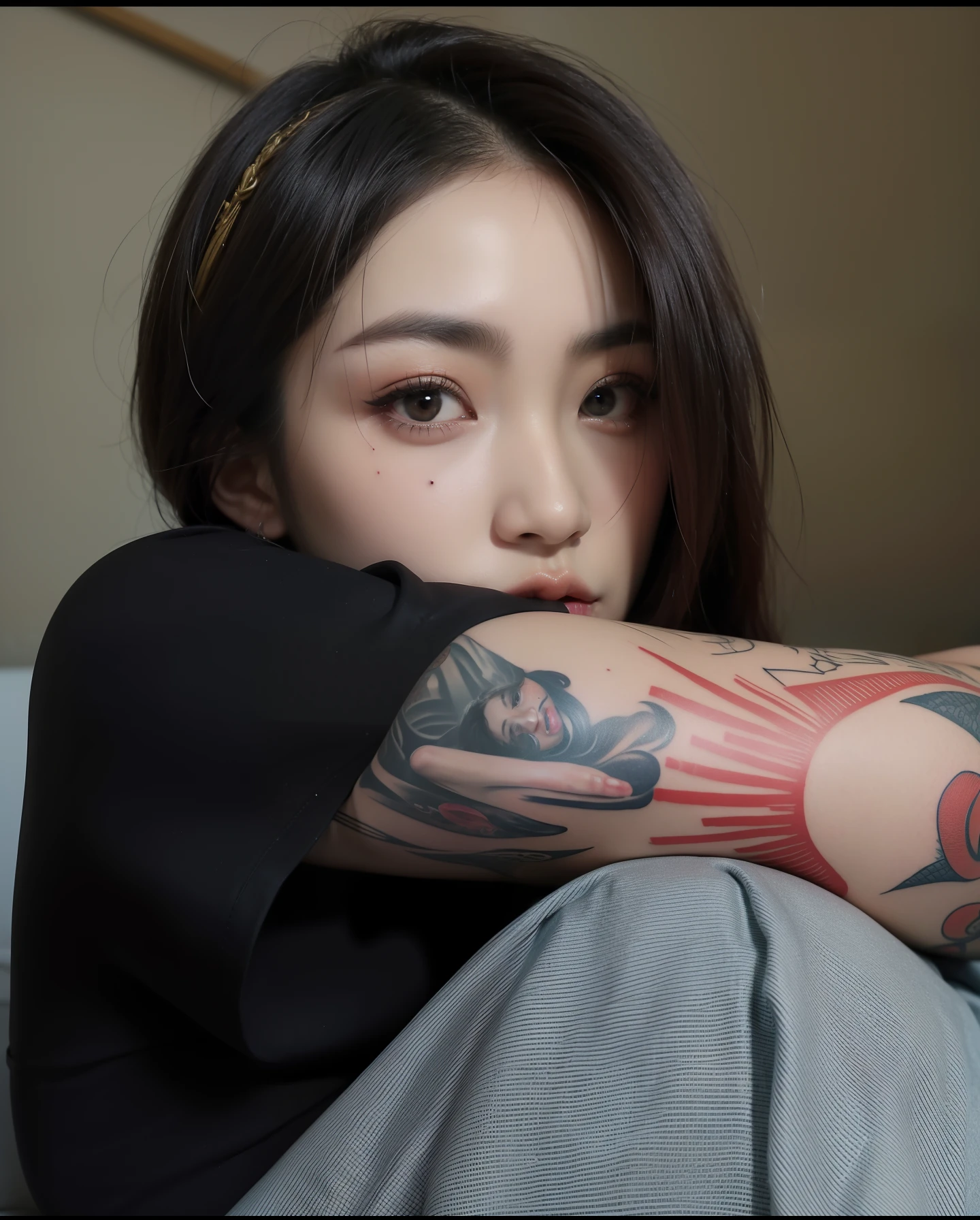 Woman with a tattoo on her arm sitting on a sofa, de taiwanesa com tatuagens, com tatuagens, Estilo de Junji Ito, TaeJune Kim, com tatuagem facial, Arms covered in gang tattoo, Coberto, tattoo sleeve on her right arm, Artista coreano, estilo junji ito, Tatuado, Xision Wu, louise zhang, Tattoos on the arm