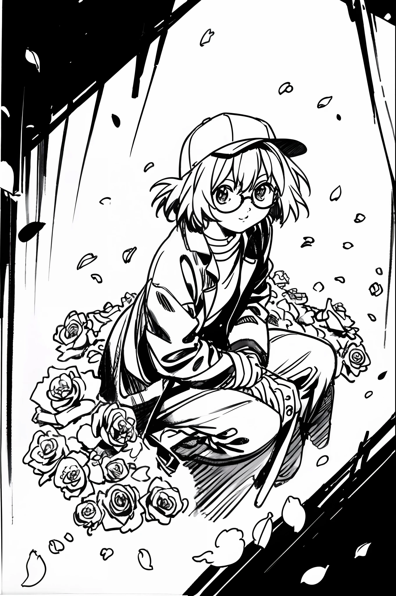 Mirai Kuriyama wearing a coat and a cap sitting on a hill full of flowers, looking upwards, ((empty background)), winter, VHS, vintage, red glasses, manga style, white background, ((monochrome)), far away shot, (sketch), long sleeves, 1girl, looking up, casual clothes, full body, flowery, roses, petals