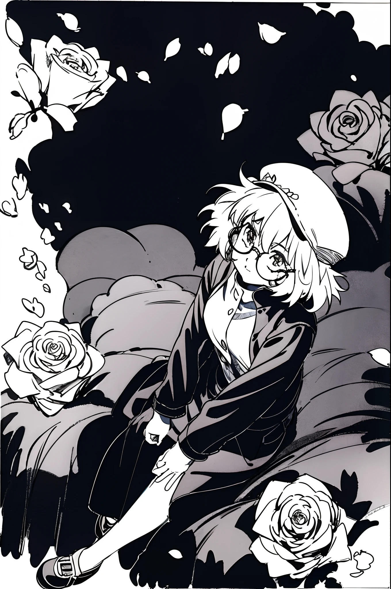 Mirai Kuriyama wearing a coat and a cap sitting on a hill full of flowers, looking upwards, ((empty background)), winter, VHS, vintage, red glasses, manga style, white background, ((monochrome)), far away shot, (sketch), long sleeves, 1girl, looking up, casual clothes, full body, flowery, roses, petals