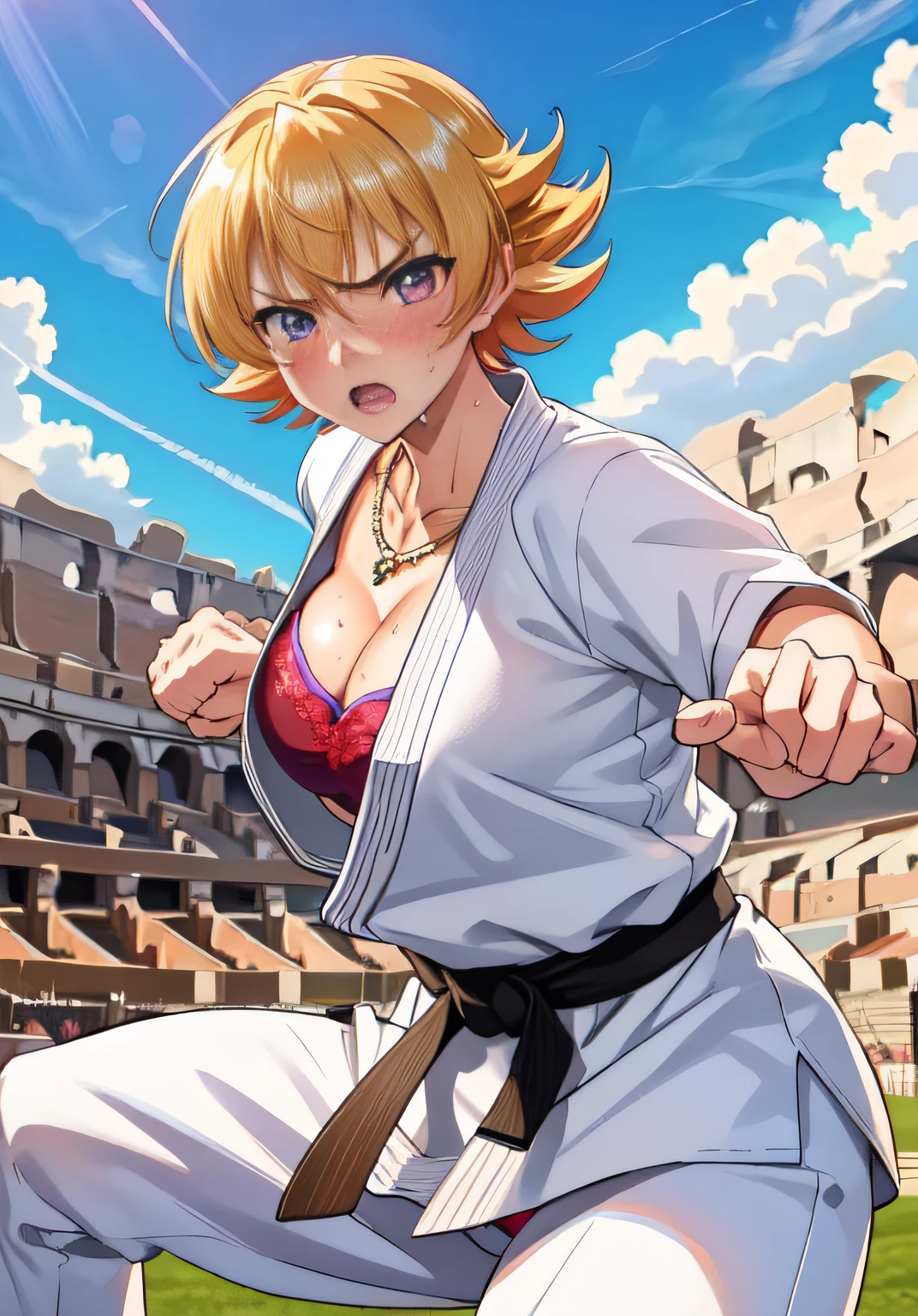 igawa,medium breasts,bouncing breasts,cleavage,blonde hair,bobcut, purple eyes,navel,(karate gi,:1.2),(gorgeous bra:1.1),micro panties,(sweat gleaming skin:1.1), outdoors,sunlight, spotlight effect,bright sky, blue sky with clouds,strong wind, (colosseum),(highres, high quality:1.1), intricate details, cinematic lighting, 1girl,(red blush,angry),(Gorgeous Necklace,jewelry, bracelet),(dynamic fighting pose:1.2),dynamic angle,