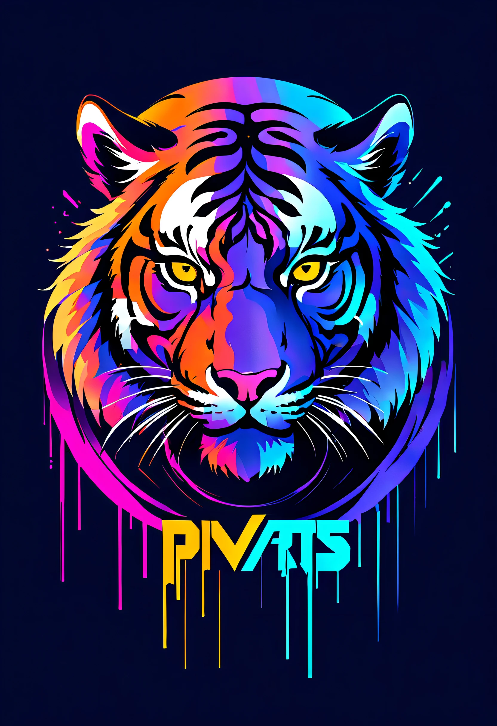 "Cyberpunk logo of a tiger with the text 'PivArts,' colorful, brush style."