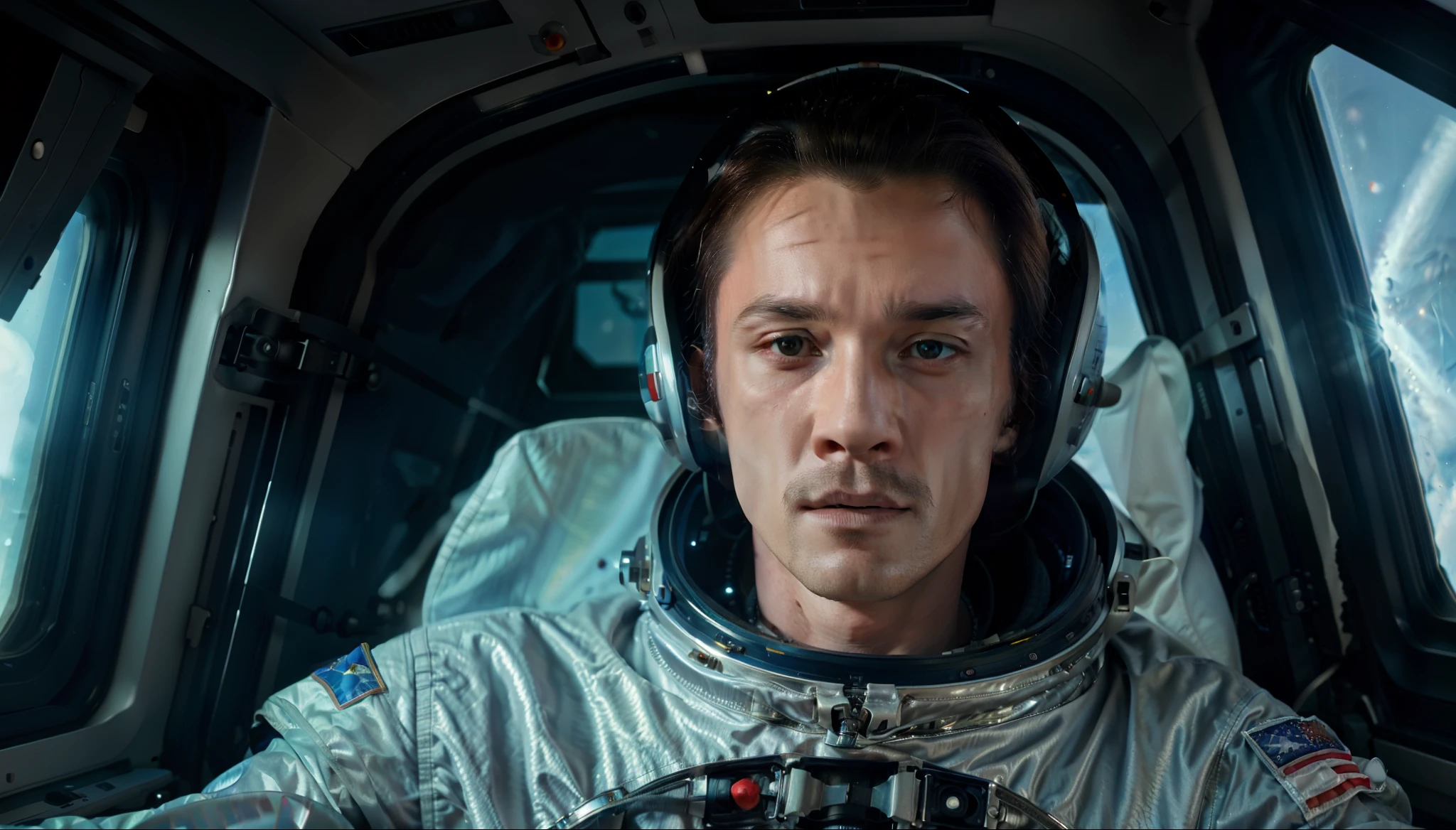 arafed astronaut in space suit looking out of window of space shuttle, movie still 8 k, 8 k movie still, highly detailed vfx portrait of, portrait of an ai astronaut, an astronaut in space, man in silver space suit, with a space suit on, 4 k movie still, 4k movie still, astronaut in space, greg rutkowski uhd 8k