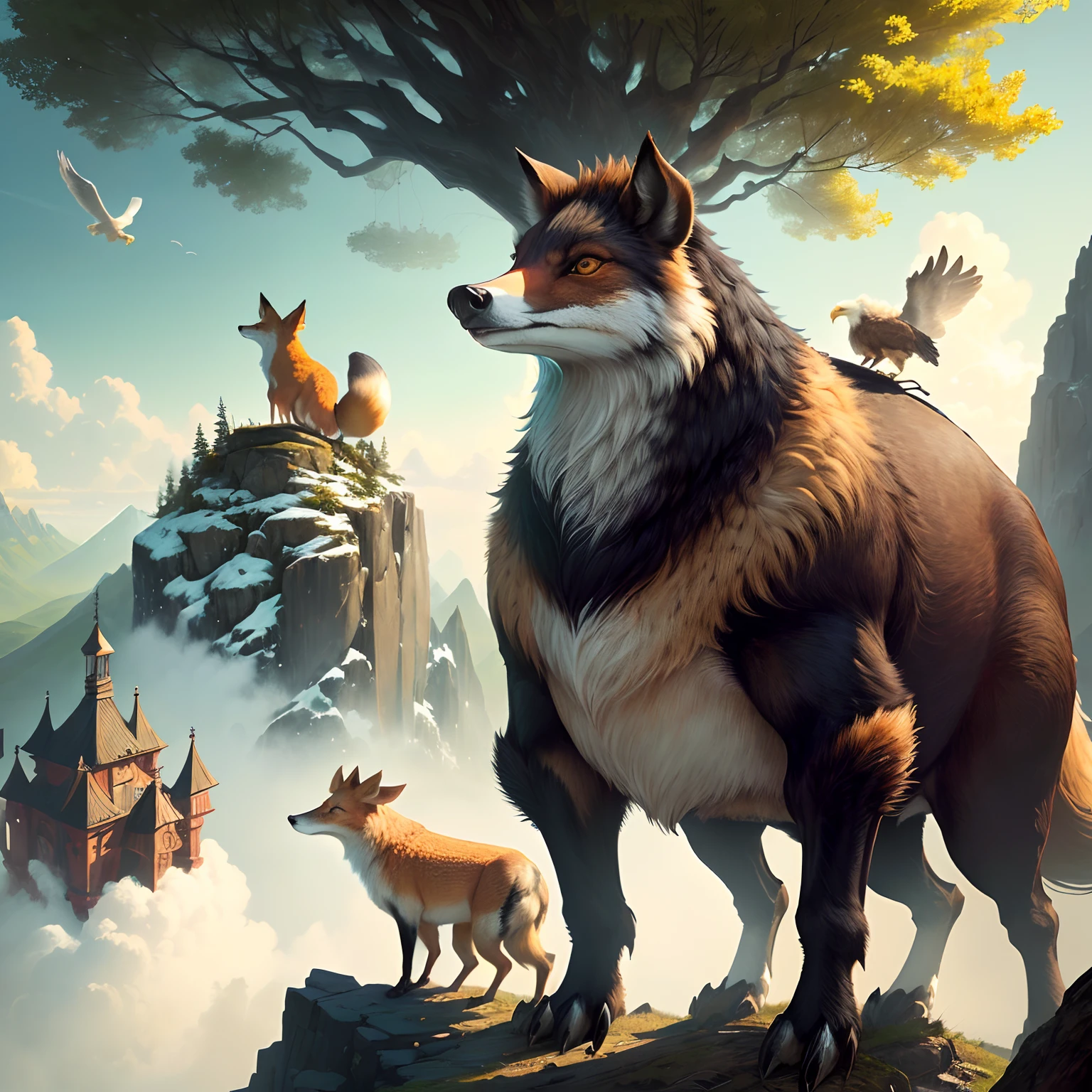 a Fox, Eagle, A boar, and a mouse on the boars head heroically standing on a mountain looking off into the distance awesomely