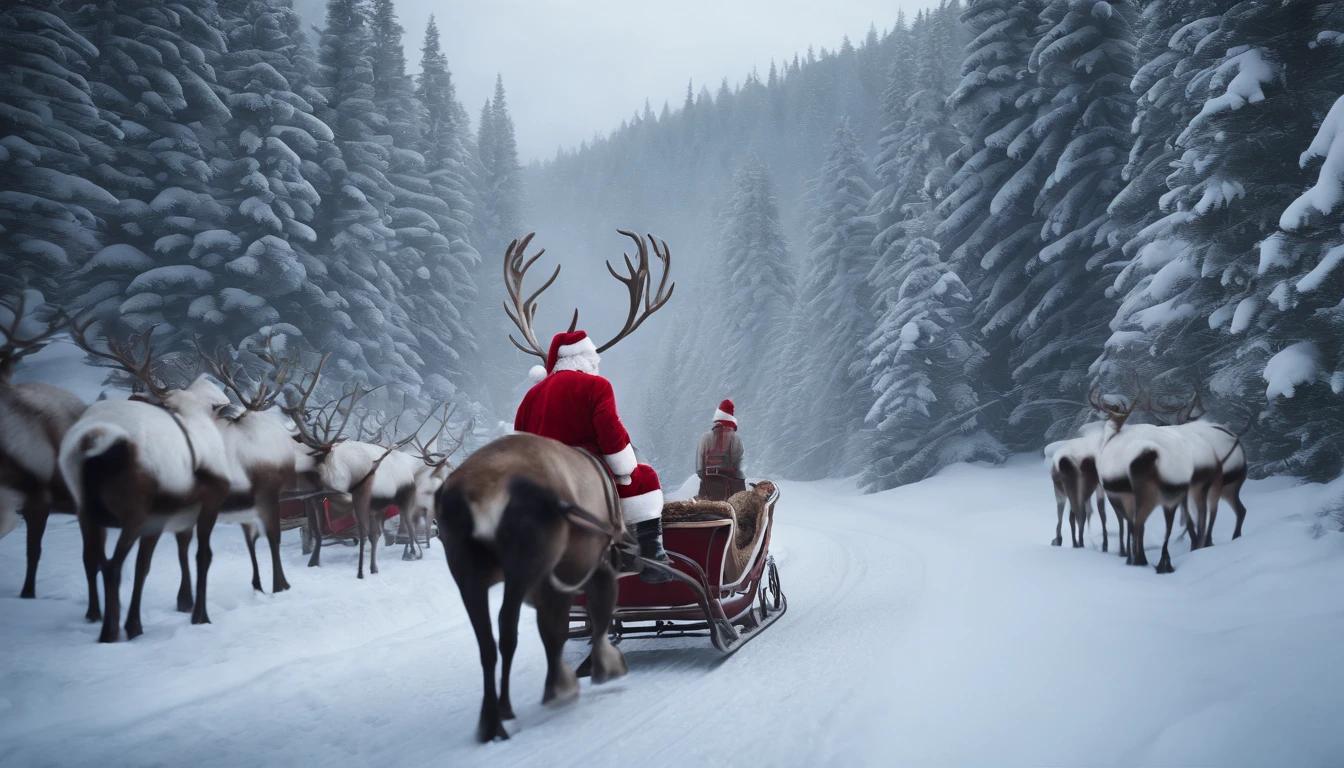 santa claus drives a reindeer sleigh loaded with presents in an incredibly realistic snowy landscape, inside the winter forest with snow, photorealistic, hyperrealistic, detailed, wide vision, cinematic realism