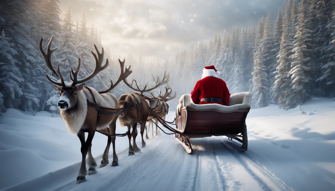 santa claus drives a reindeer sleigh loaded with presents in an incredibly realistic snowy landscape, inside the winter forest with snow, photorealistic, hyperrealistic, detailed, wide vision, cinematic realism