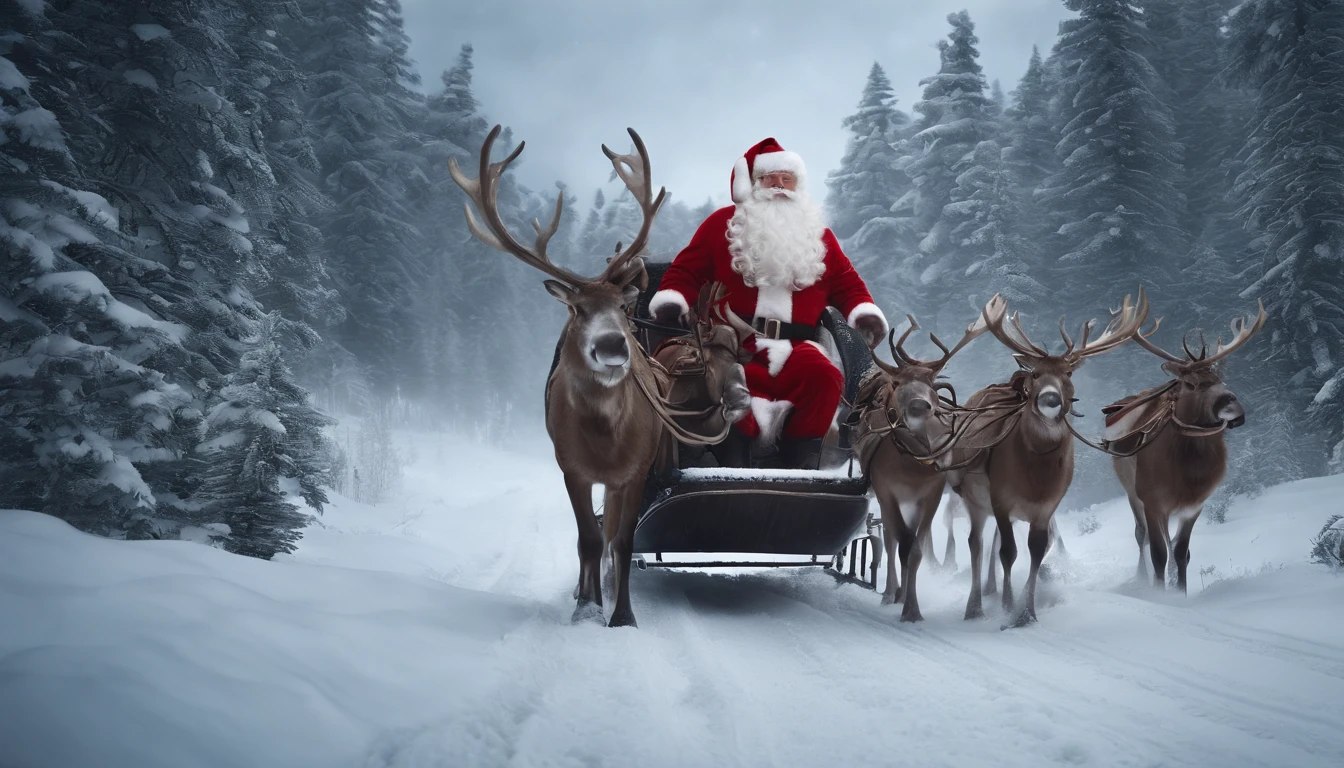 santa claus drives a reindeer sleigh loaded with presents in an incredibly realistic snowy landscape, inside the winter forest with snow, photorealistic, hyperrealistic, detailed, wide vision, cinematic realism