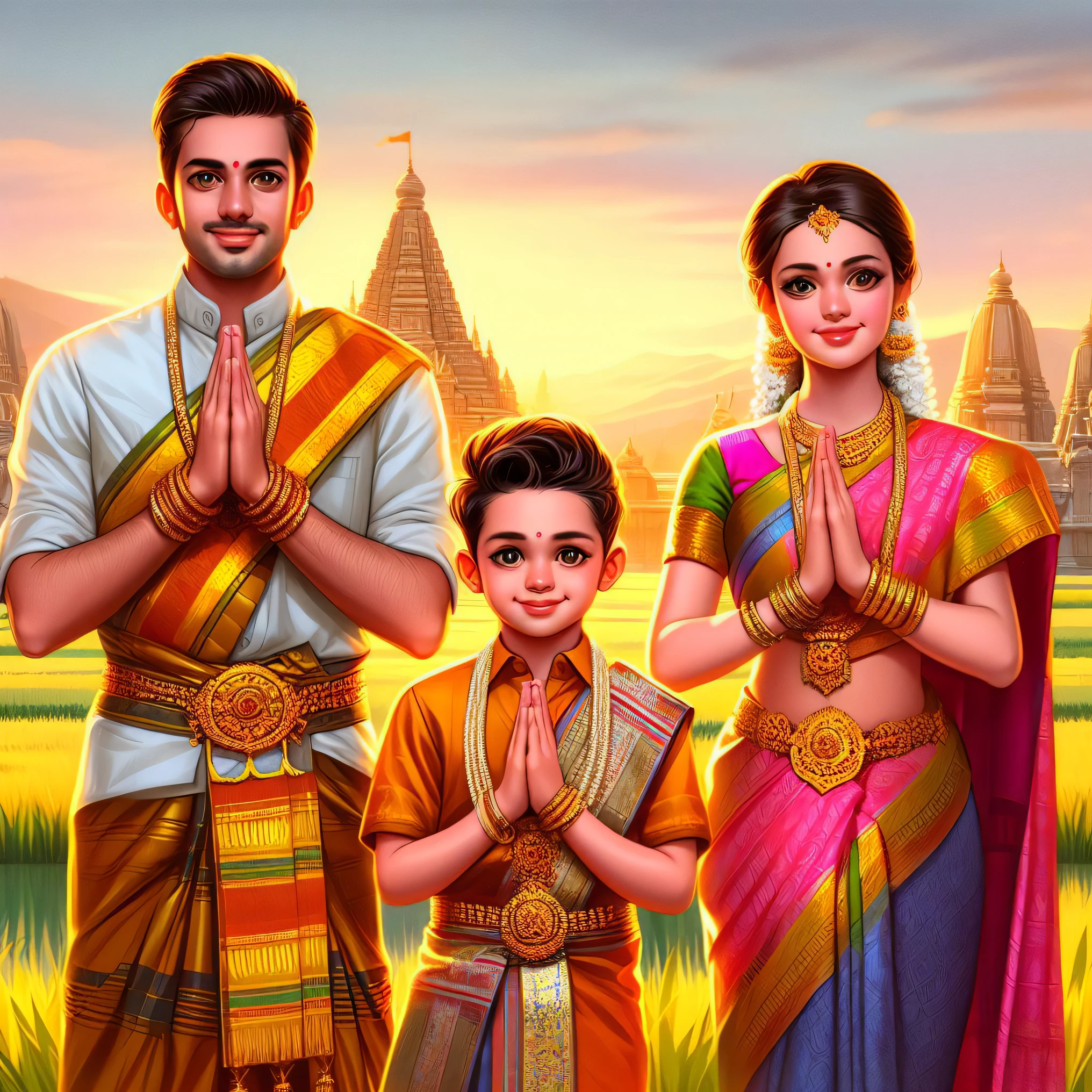 a painting of a family in traditional indian attire standing in a field, temple background, hindu aesthetic, happy family, hinduism, hindu art, traditional, peredvishniki, husband wife and son, barong family, tradition, cybertronic hindu temple, traditional art, indian temple, hindu gods, hindu kovil scene, inspired by Thota Vaikuntham