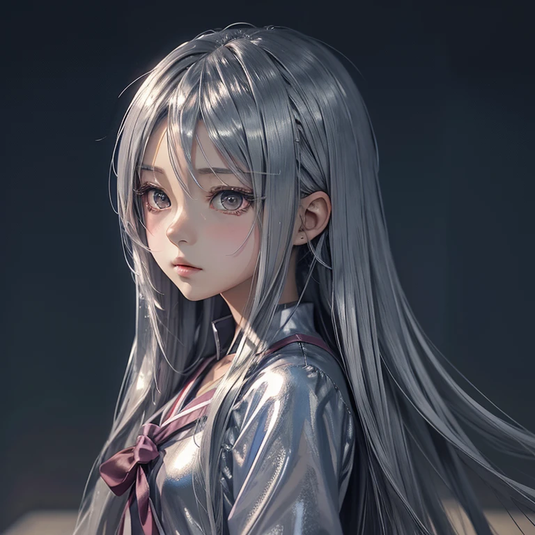 Anime girl. 9 years old. Silver straight hair to her shoulders. Anime style. 2 d manga style.