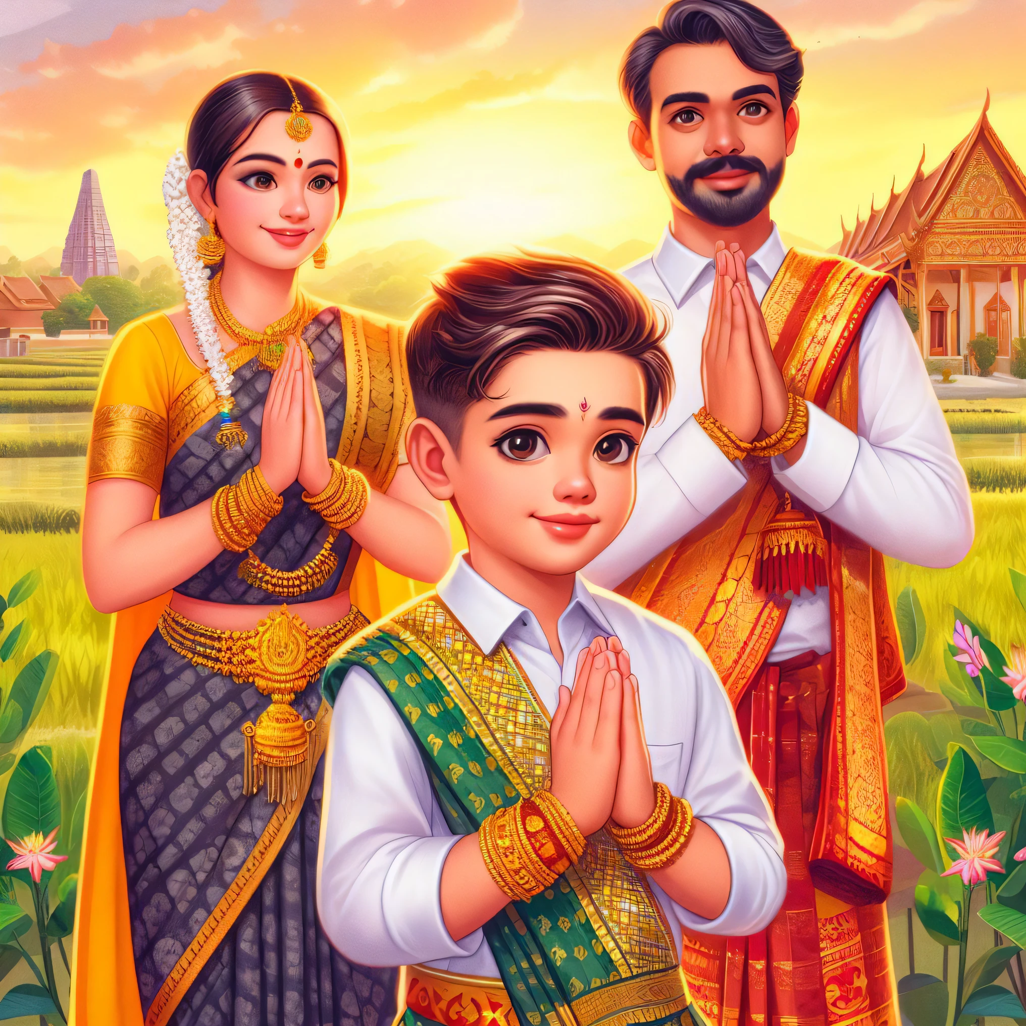 a painting of a boy and girl in traditional indian attire, temple background, thailand art, inspired by T. K. Padmini, nivanh chanthara, tithi luadthong, sukhothai costume, official fanart, traditional art, hindu aesthetic, fanart, husband wife and son, barong family, inspired by Raja Ravi Varma