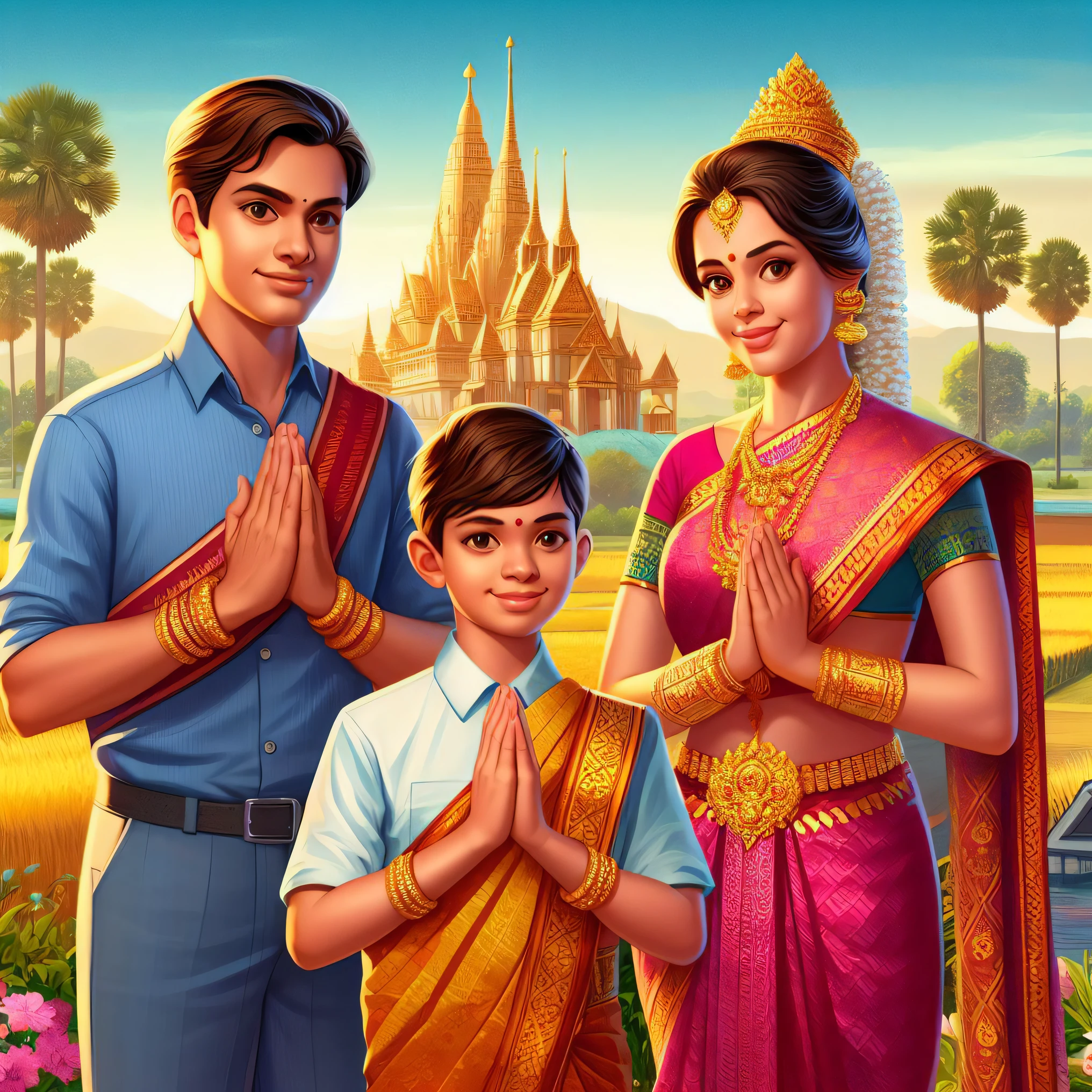a cartoon image of a family in front of a castle, temple background, hindu kovil scene, cybertronic hindu temple, husband wife and son, inspired by T. K. Padmini, indian temple, hindu aesthetic, happy family, indian goddess of wealth, samikshavad, hindu temple in background, dynasty, hindu art, hinduism, indian style
