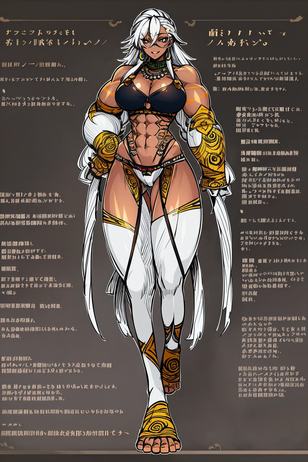 Ebony skinned female with white dreadlocks, thicc, wearing tribal warrior outfit, full body, standing, full body