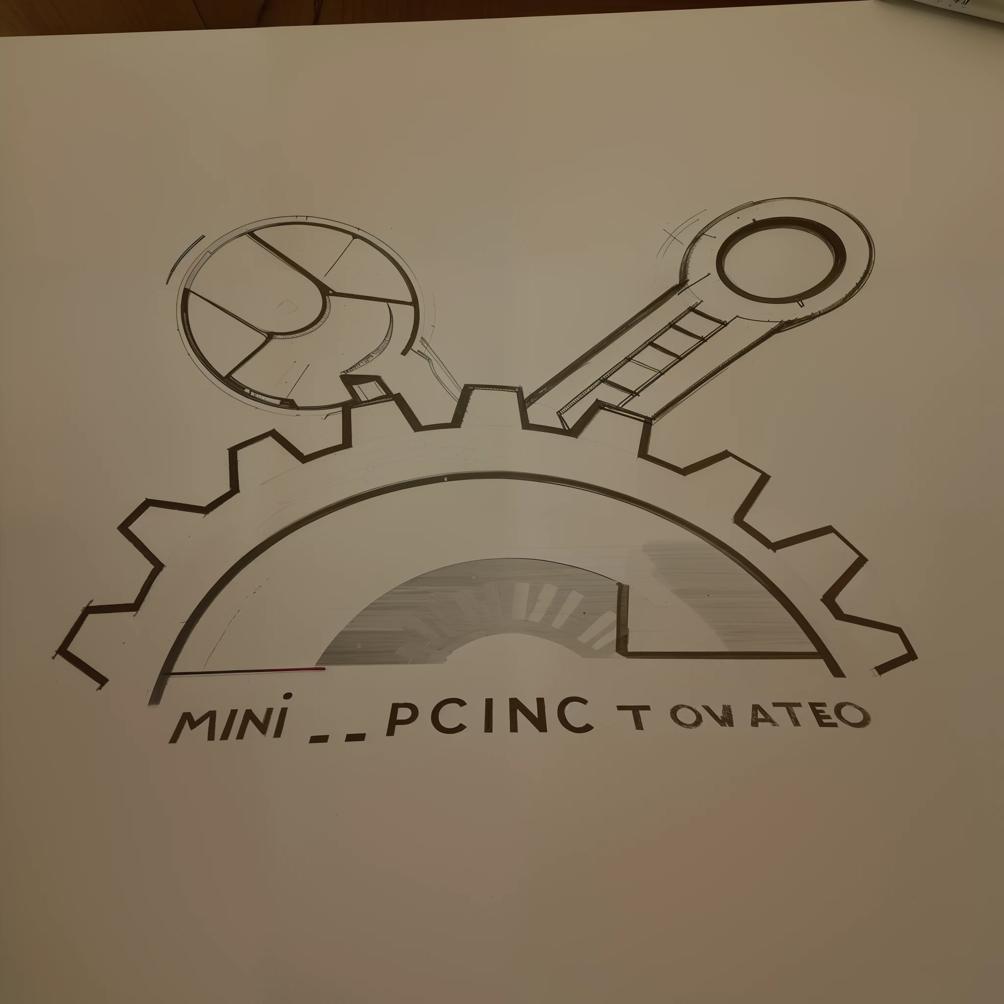 drawing of a piece of paper with a drawing of a wrench and a gear wheel, by Italo Mus, technical sketch, logo art, techno artwork, technological, techno, mini. abstract illustration, technical, autocad, technical draw, by Mirko Rački, technilogy, desenho, davinci sketch, minimalissimo, by Antonio Rotta
