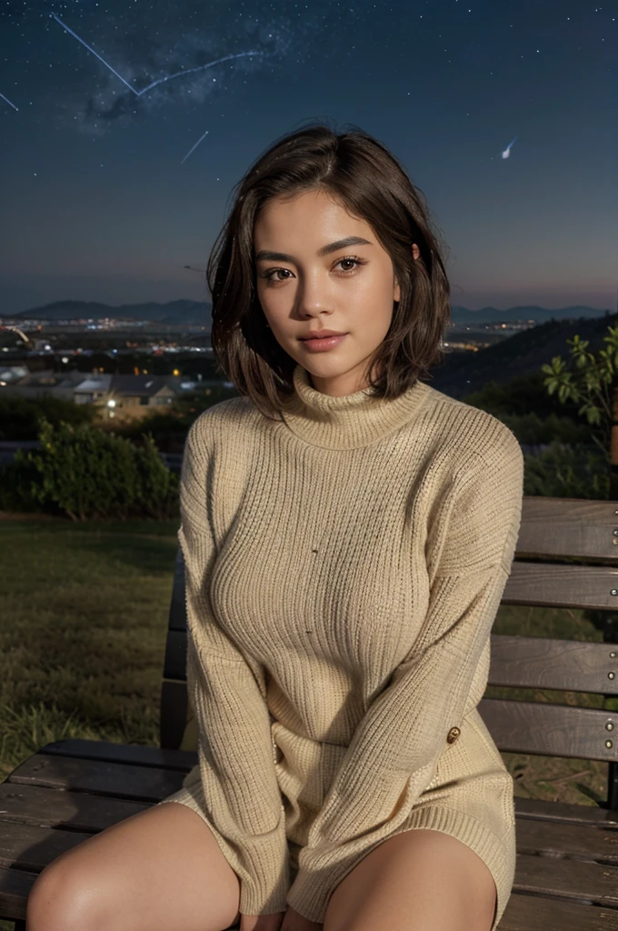 (Best quality, 8k, 32k, Masterpiece, UHD:1.2),Photo of Pretty Japanese woman, 1girl, (medium-short dark brown hair), double eyelid, large breasts, sexy knit turtle neck sweater, sitting on bench on the local hill, (starry night sky), shooting stars, fashion model posing, smile, look at viewer, from side, medium-short hair