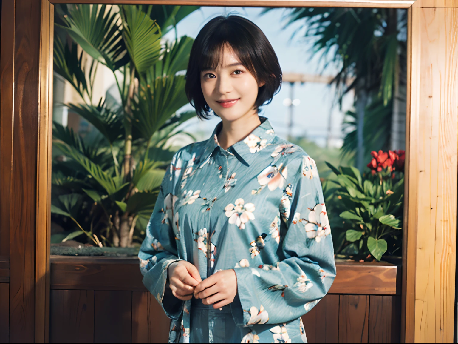 93
(a 20 yo woman,is standing), (A hyper-realistic), (masutepiece), ((short-hair:1.46)), (Smooth black hair), wear long pants, (Wearing a long-sleeved shirt with a floral print), (painterly、picture frame), (Gentle smile), (Keep your mouth shut)