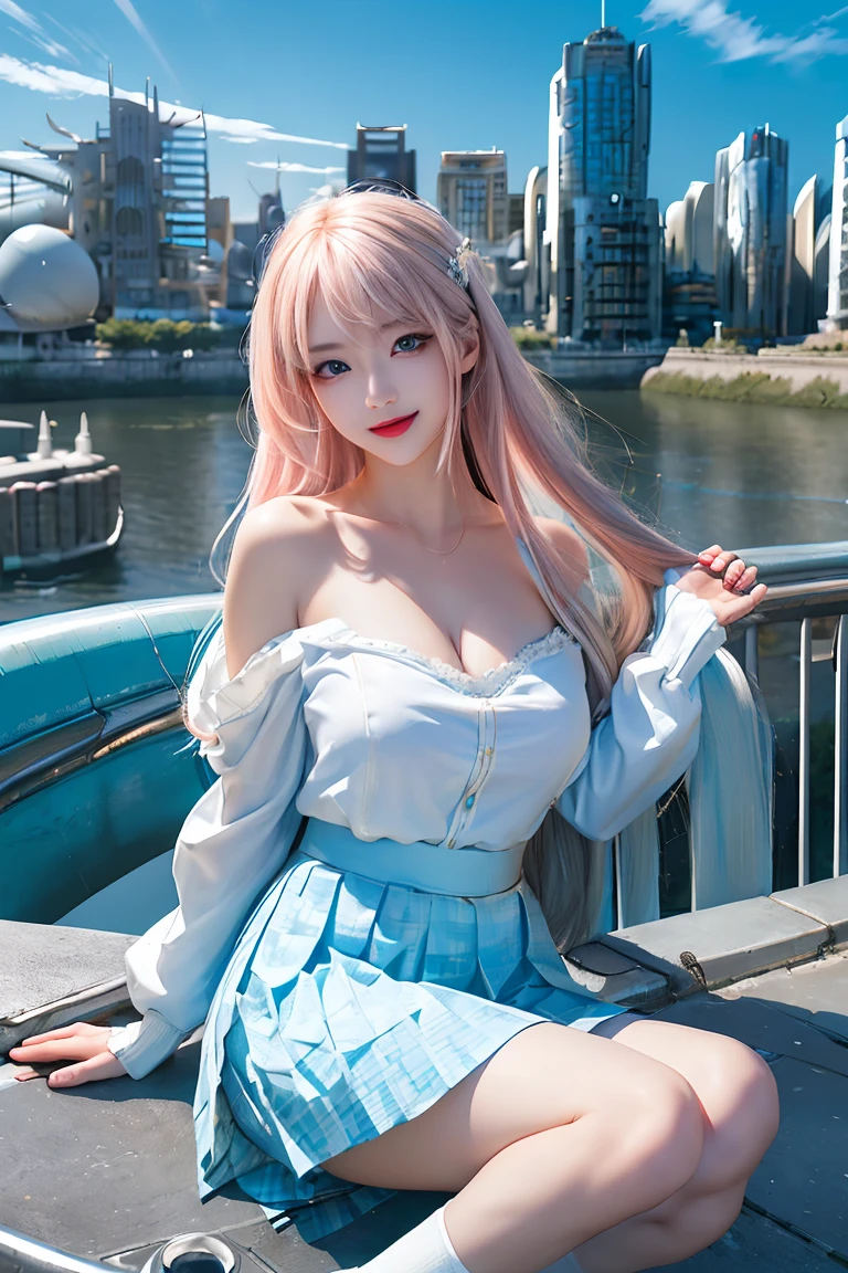 official art, masterpiece, sharp focus, (beautiful gorgeous cute Korean woman:1.3), (beautiful cute korean:1.3), korean beauty, Delicate and beautiful hair and eyes and face, realistic, ultra detailed, beautiful girl, blue sky, glow white particle, (sidelighting:1.2), sun light, white cloud, detailed clouds, slender, Lovely very large breasts and very large hips, smile with teeth, ((smile with eyes, open both eyes)), scenery, long straight hair, sexy facial expression, building, (cityscape:1.7), dynamic hair, long straight hair, detailed platinum pink hair, glow blue eyes, (blue pleated shirts + white skirt), white long socks, pale skin, hair ornament, epic scenery,