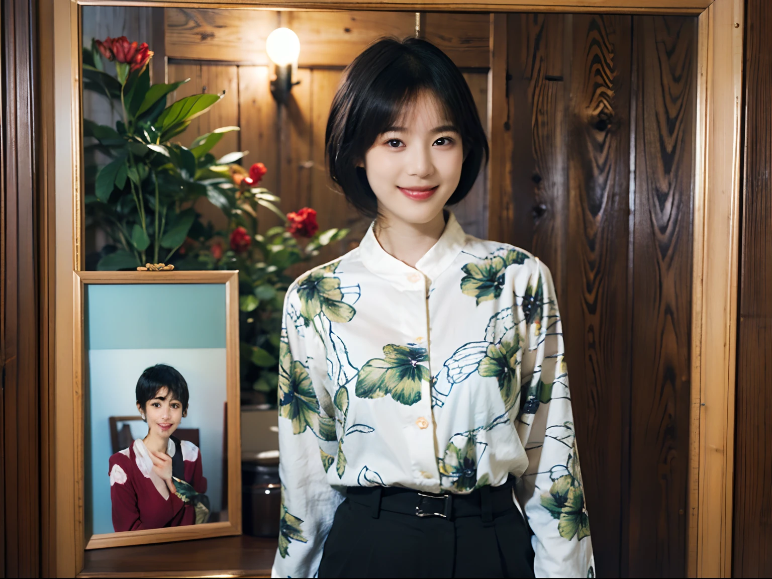 93
(a 20 yo woman,is standing), (A hyper-realistic), (masutepiece), ((short-hair:1.46)), (Smooth black hair), wear long pants, (Wearing a long-sleeved shirt with a floral print), (painterly、picture frame), (Gentle smile), (Keep your mouth shut)