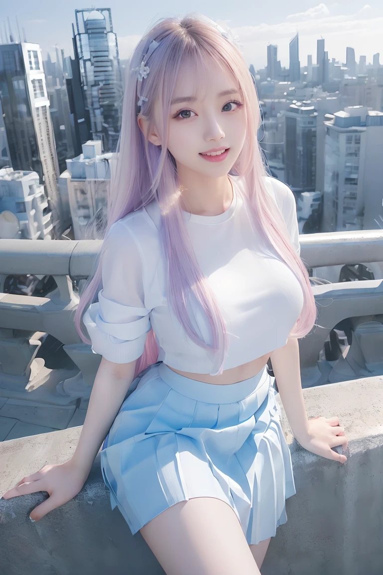 official art, masterpiece, sharp focus, (beautiful gorgeous cute Korean woman:1.3), (beautiful cute korean:1.3), korean beauty, Delicate and beautiful hair and eyes and face, realistic, ultra detailed, beautiful girl, blue sky, glow white particle, (sidelighting:1.2), sun light, white cloud, detailed clouds, slender, Lovely very large breasts and very large hips, smile with teeth, ((smile with eyes, open both eyes)), scenery, long straight hair, sexy facial expression, building, (cityscape:1.7), dynamic hair, long straight hair, detailed platinum pink hair, glow blue eyes, (blue pleated shirts + white skirt), white long socks, pale skin, hair ornament, epic scenery,