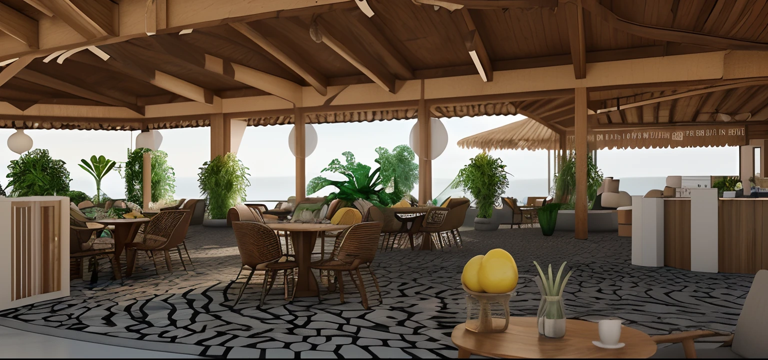 Ahead: restaurante, cobertura de madeira, sem janelas de vidro, No division, Wooden tables in the lounge, banheiro na esquerda em ripado de madeira, piso de pedras chiques, ao fundo: grama, vegetation, Sicilian lemon tree and more tables, blue skies. render 3D, fotorealista, architecture