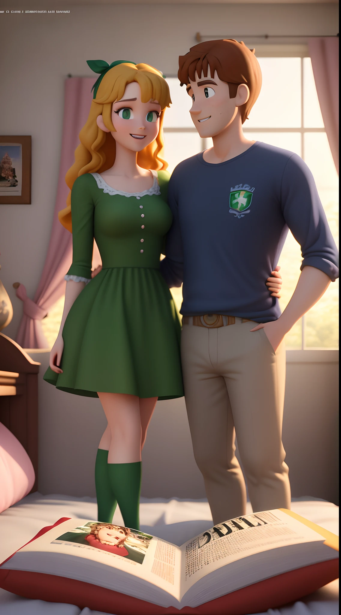 Affiche style animation 3D pixar avec un couple qui rigolent sur un lit, la fille à des formes et est châtain clair avec les cheveux lisses et longs et les yeux verts/jaunes. Et le garçon est brun avec les cheveux dégradés courts et les yeux verts/jaunes.