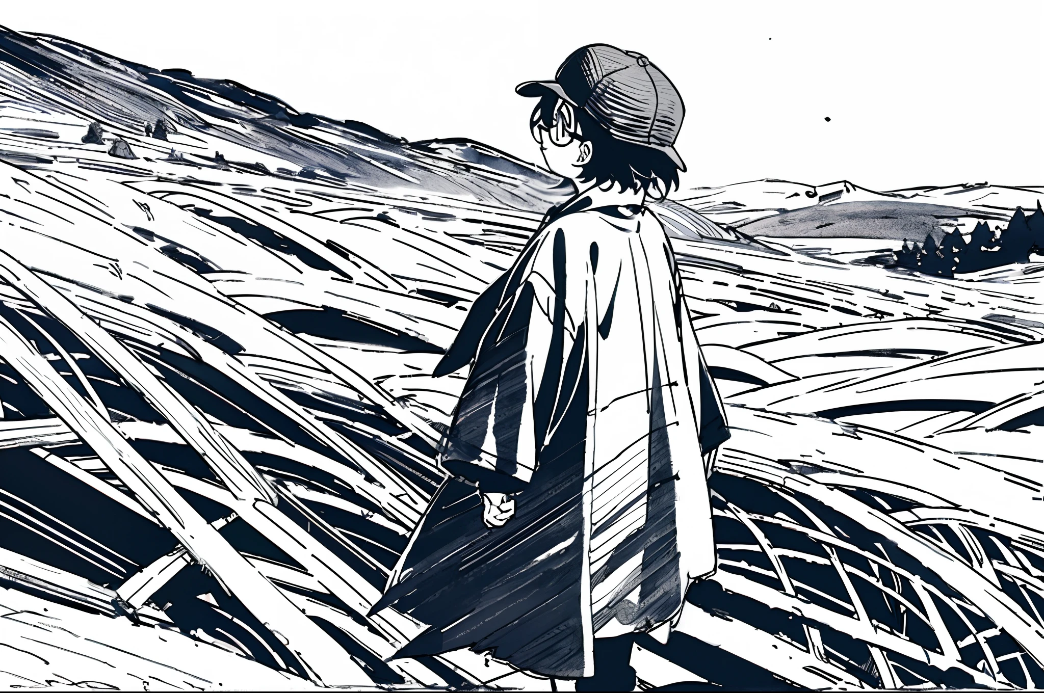 Mirai Kuriyama wearing a coat and a cap standing on a hill, from behind, ((empty background)), winter, VHS, vintage, red glasses, manga style, white background, ((monochrome)), far away shot, (sketch), long sleeves, 1girl, looking up, casual clothes, full body