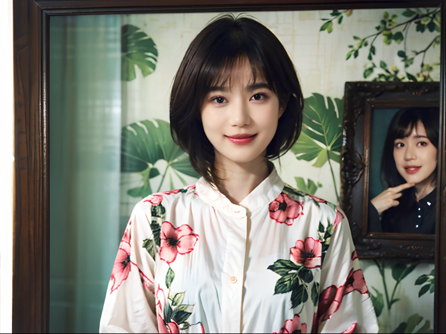 93
(a 20 yo woman,is standing), (A hyper-realistic), (masutepiece), ((short-hair:1.46)), (Smooth black hair), wear long pants, (Wearing a long-sleeved shirt with a floral print), (painterly、picture frame), (Gentle smile), (Keep your mouth shut)