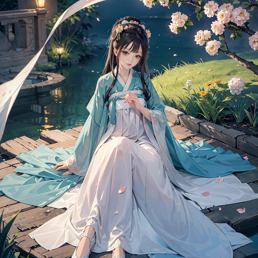 (Best quality,A high resolution,Clear image:1.2),Ultra-detailed background,Beautiful woman,Korean traditional hanbok,Delicate petals,Garden scene,Under the moonlight,Romantic atmosphere,Dutch Angle Shot,Soft lighting,shelmet