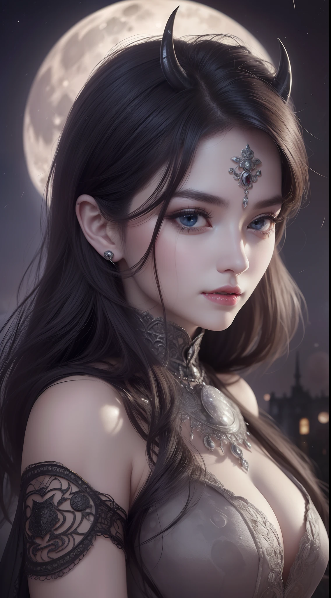 (((highest quality))), ((masterpiece)), ((intricate details)), 32k, sharpness, highly detailed CG, perfect artwork, detailed and detailed details, fantastic art, dark fantasy work, dark atmosphere: 1.8, creepy, depraved, decadent, perfect female figure, ((early twenties woman)), leg line beauty, very delicate and beautiful, best quality, beautiful detailed girl, Beautiful fine eyes, face lights, realistic expression of face, intricate details, makeup, ((staring at the viewer, crazy, faint smile: 1.4)), (Priestess: 1.8), (Dress: 1.9, decoration, black, no shine, complex and dense, detailed, armor without exposure: 1.8)))),(Detailed beautiful delicate face, detailed beautiful delicate eyes, face) perfect proportions, perfect face modeling:1.1, Detailed Skin, Detailed Skin, (Dense and Detailed Glowing Gemstone Piercings:0.5), Whole Body:1.5, Darkness, Darkness, Madness, Skull: 1.5, (Destroyed Town: 1.5, Midnight, Full Moon, Lying People:1.8, Devil:1.6)