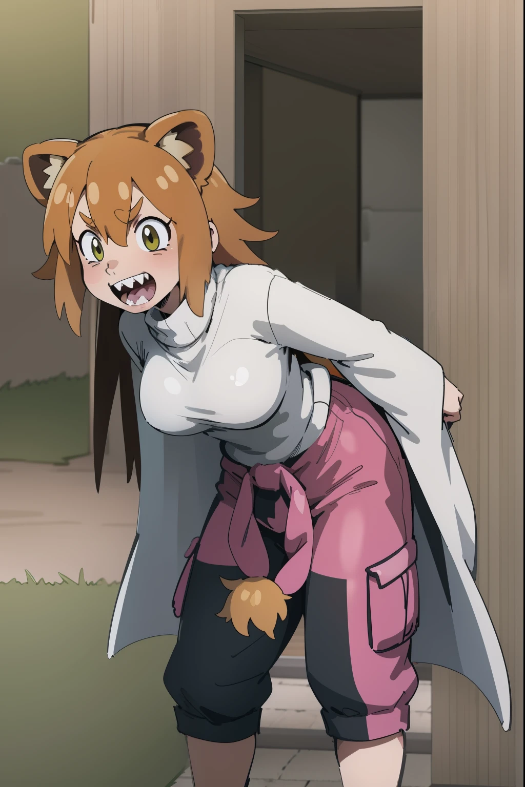 brown hair, long hair,medium breast, sport pants, long pullover, lion tails, living hair, animal fangs,green eyes, kemono mimi, cloak, medieval cloak flip flops