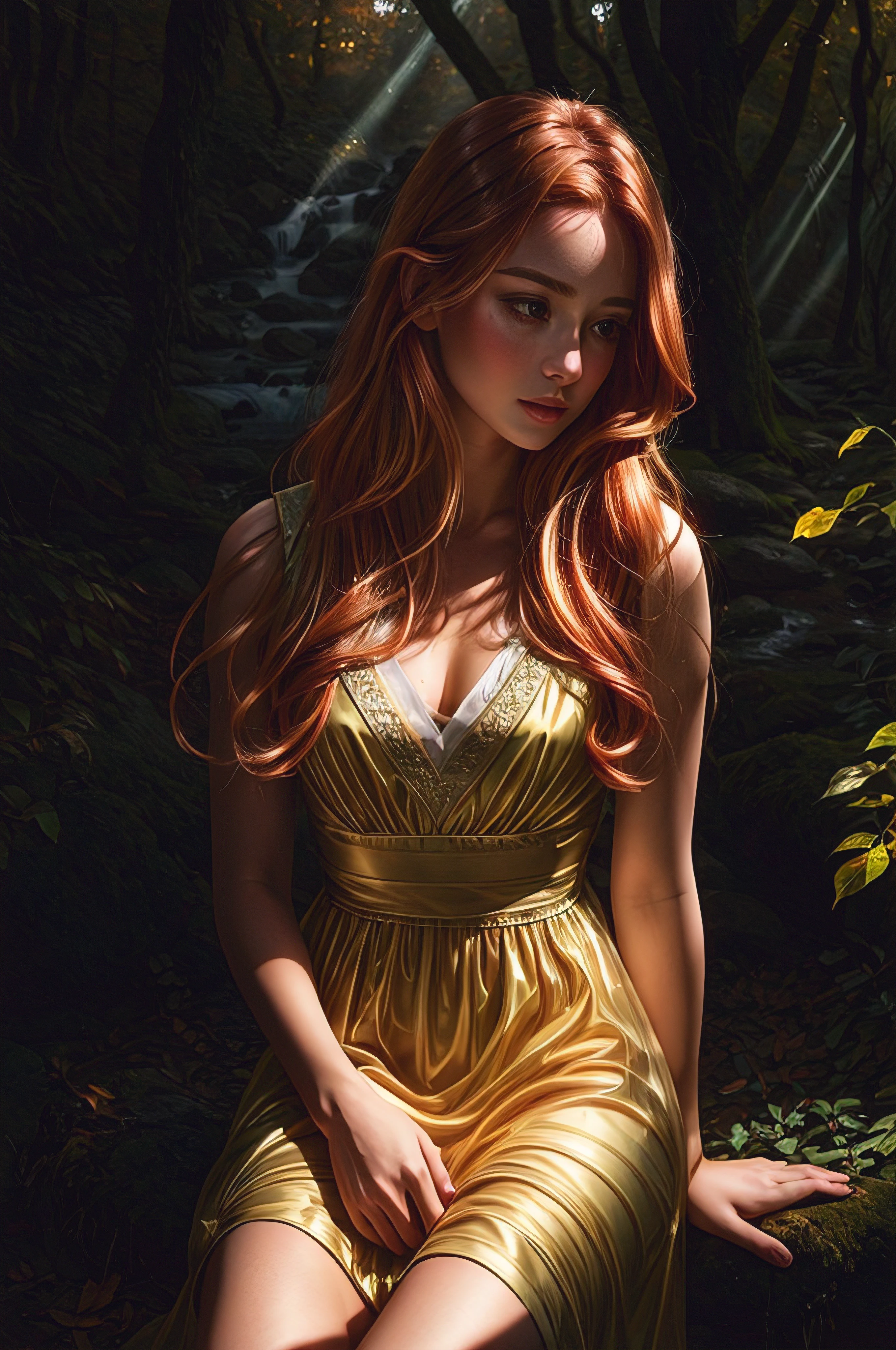 nordic young woman, cute face, seductive, best quality, masterpiece, translucent autumn dress, sunset, detailed textures, long braded hair, sitting outside in a forest, posing, casual pose, leaves-falling, [blush], aesthetic, intricate, caustics, light rays, sunlight, soft lips, glossy lips, highly detailed, (semi-realistic:1.2), red-hair, detailed face (close shot)