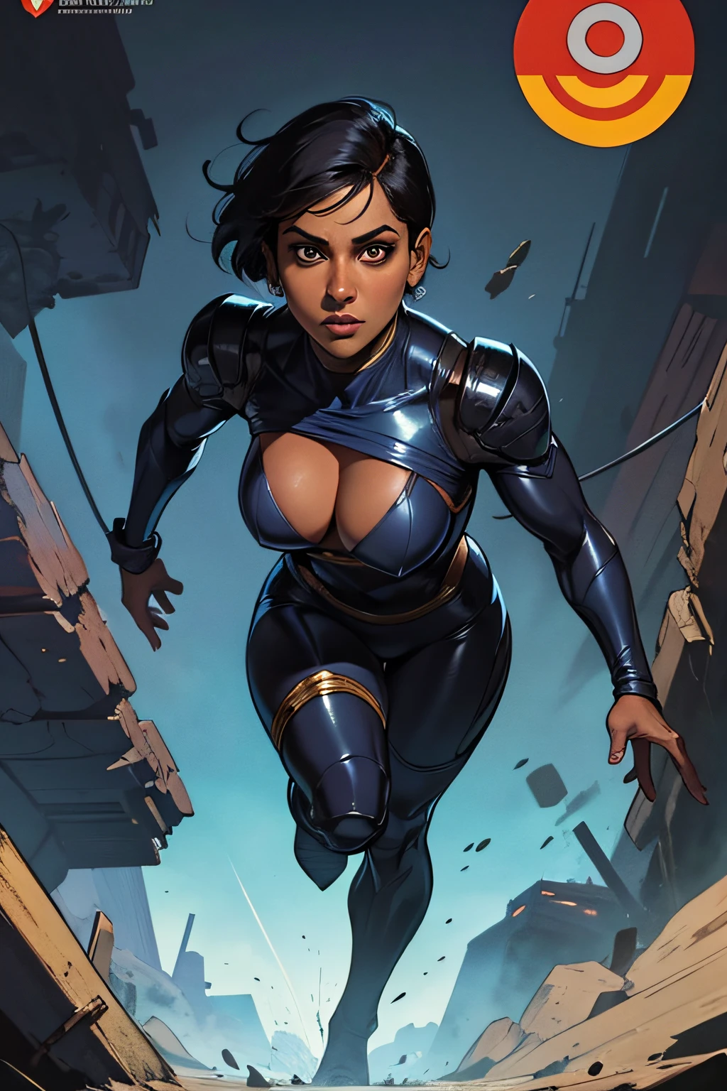 Arani Desai (Doom Patrol), (Masterpiece, Best Quality:1.2), black suit, 1girl, cleavage, dark skinned female, black hair, short pixie hair, indian, looking a viewer, Jewel,