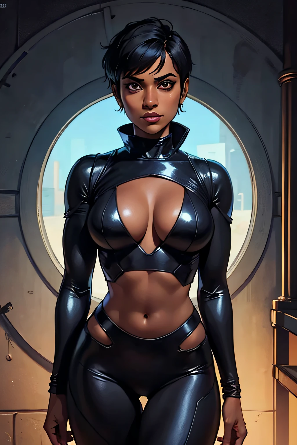 Arani Desai (Doom Patrol), (Masterpiece, Best Quality:1.2), black suit, 1girl, cleavage, dark skinned female, black hair, short pixie hair, indian, looking a viewer, Jewel,