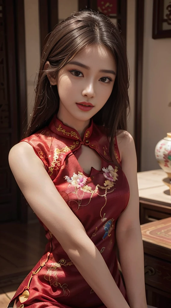 Exquisite, masterpiece, beautiful details, colorful, exquisite details, delicate lips, intricate details, 1 female, (a beautiful 20-year-old cute Korean woman: 1.1), (kpop idol, Korean mixed), (50mm Sigma f/1.4 ZEISS lens, F1.4, 1/800s, ISO 100, photograpy: 1.1), (ponytail + brunette hair: 1.2), (photorealistic: 1.4), (SPY:1.2), (Open Jacket,Shirt, Skirt,Tie,Christian Louboutin\(Brand\),:1.3), Earrings, Necklaces, Armbands, (Tavern, Bar:1.2), (Beautiful Legs, High Girl, Skinny, slim_legs, thigh_gap, Model:1.2), Lens flare, from the front, (Happy smile: 1.1), dynamic pose, (makeup: 1.2), red clothes