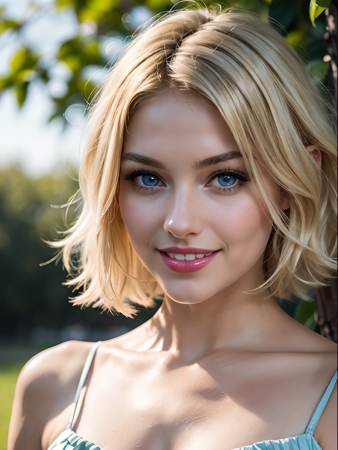 (Masterpiece), (best quality), (realistic), (Beautiful+(feminine)+((lovely))+innocent), Blonde short curly hair, (crystal blue eyes), beautiful eyes, almond eyes, happy eyes, 40 years, (feminine curves), (round cheeks), dimples, rounded chin, (adoration expression), small nose, 160cm, smiling, red lips, wearing a beautiful wrap-around dress, headshot