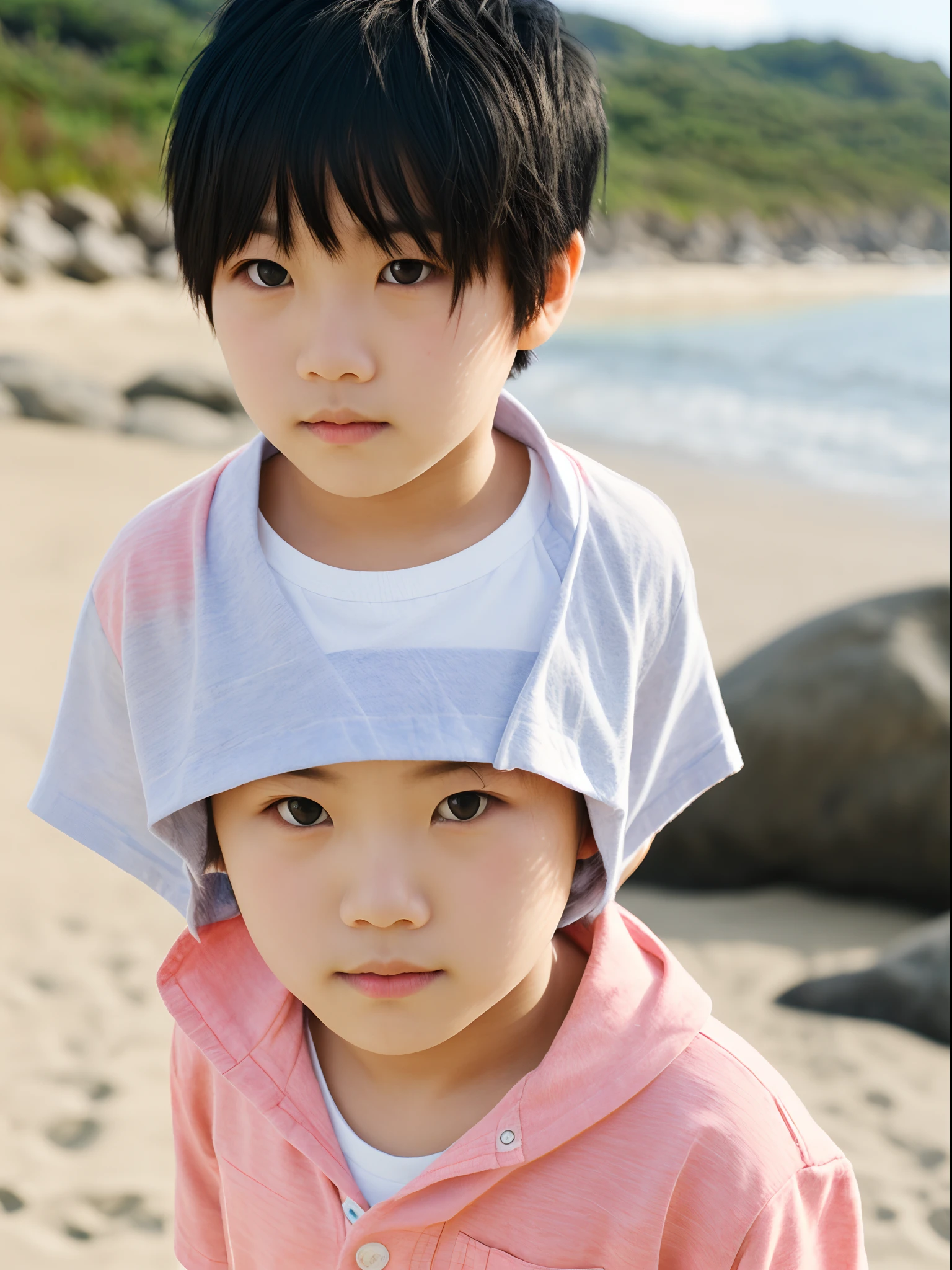 A short haired boy with black hair and pink eyes. He wears beachy clothes and is Asian.