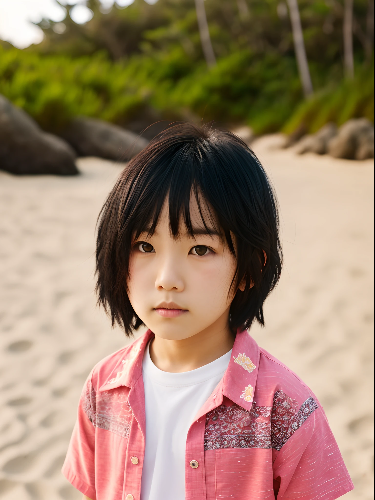 A short haired boy with black hair and pink eyes. He wears beachy clothes and is Asian.