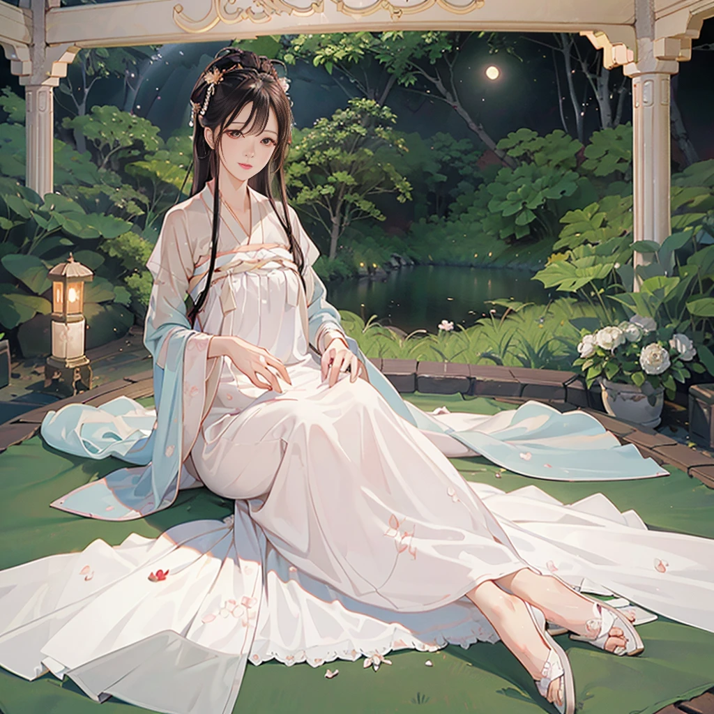 (Best quality,A high resolution,Clear image:1.2),Ultra-detailed background,Beautiful woman,Brown eyes，lusciouslips，Korean traditional hanbok,Delicate petals,Garden scene,Under the moonlight,Romantic atmosphere,Dutch Angle Shot,Soft lighting,shelmet