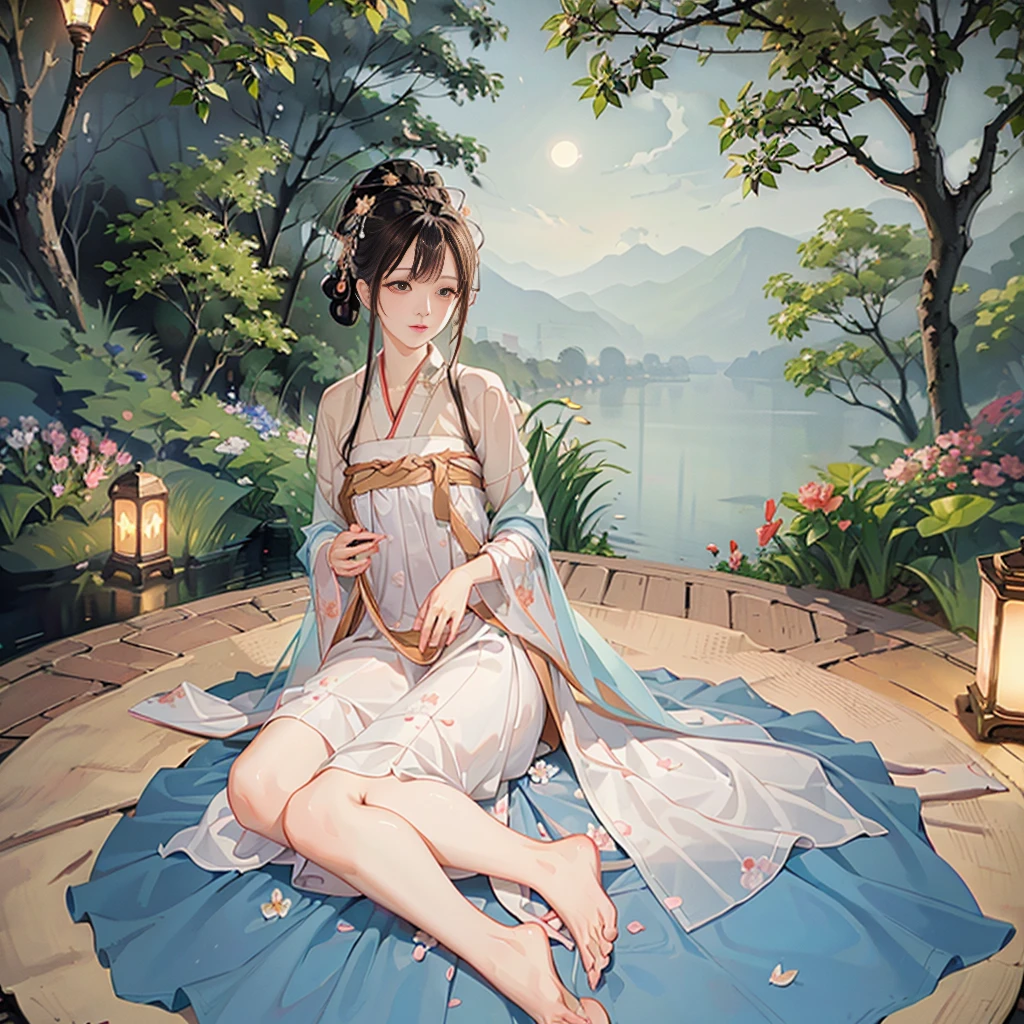 Lying on the shore of a lake full of lotus flowers, feet playing in the water, art depicts a charming woman with 2 hands, 2 legs, delicate face, normal face, wearing a flowing, silky traditional oriental dress, long, taro purple, decorated with intricate patterns and bright colors. Her dress drapes elegantly over her curvy figure, accentuating her seductive silhouette. She sits gracefully by the tranquil lotus lake, her feet playing in the water, bathed in the soft glow of the moonlight. The scene exudes an ethereal and dreamy atmosphere, with a touch of mystery and sexiness. The graphic style blends watercolor and digital illustration techniques to evoke a refined beauty and charm. The lights are filled with soft moonlight, casting soft highlights and shadows on her charming features. Bare thighs, big breasts, three-dimensional facial features, sitting, upturned legs, side braids, looking down