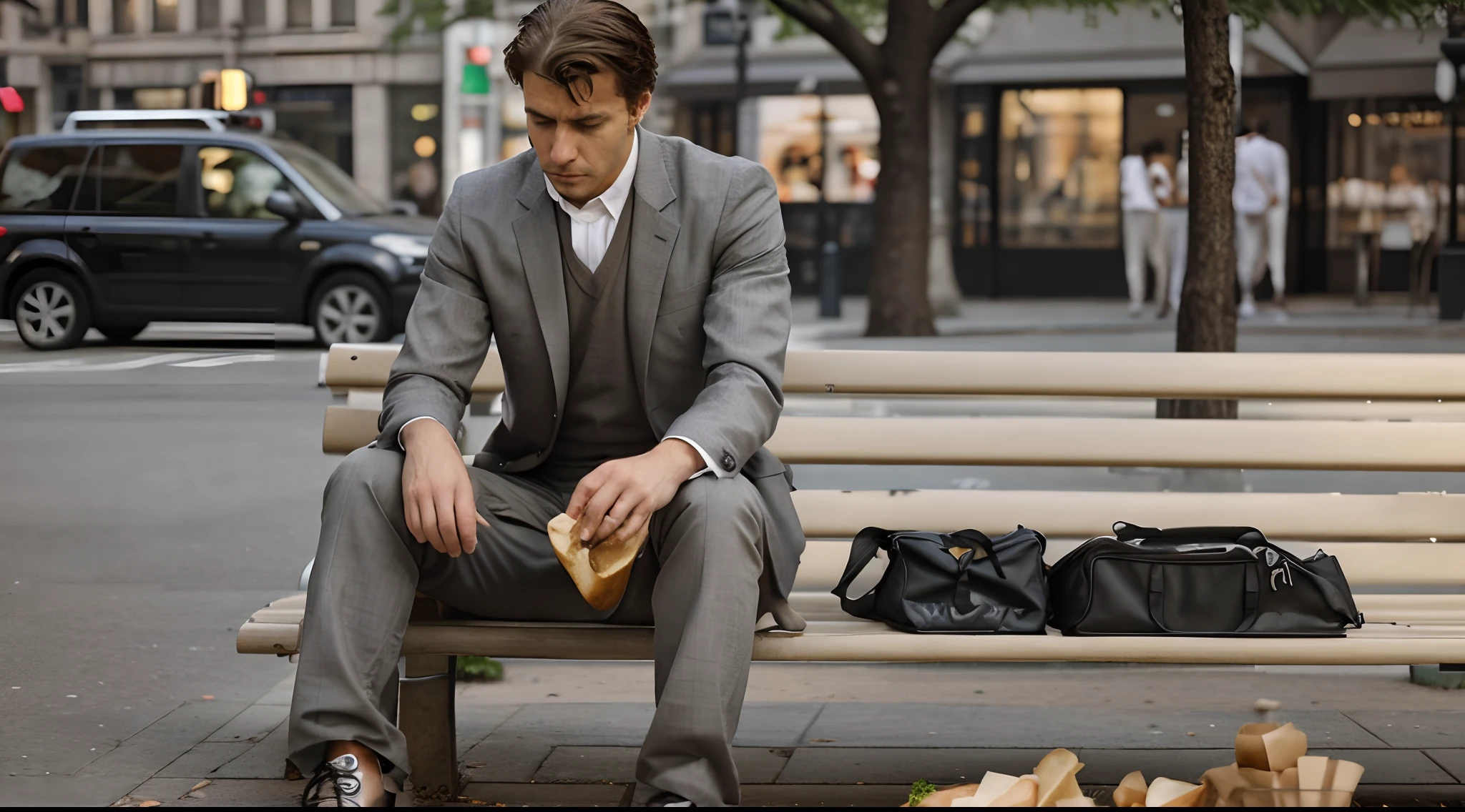 an unemployed waiter sitting on a bench with a bag of bread on him, well-dressed waiter sitting on a bench, elegant waiter outdoors, sad man, sad scene, He is sad, he is sitting and with his head down, he looks sad and solemn, New York, Unhappy, In sitting in a square, a very sad man is sitting in a square in the middle of the city.