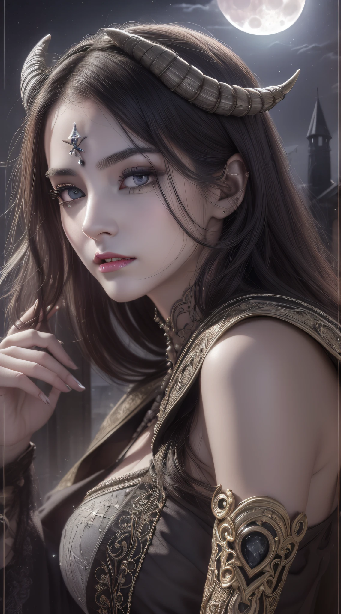 (((highest quality))), ((masterpiece)), ((intricate details)), 32k, sharpness, highly detailed CG, perfect artwork, detailed and detailed details, fantastic art, dark fantasy work, dark atmosphere: 1.8, creepy, depraved, decadent, perfect female figure, ((early twenties woman)), leg line beauty, very delicate and beautiful, best quality, beautiful detailed girl, Beautiful fine eyes, face lights, realistic expression of face, intricate details, makeup, ((staring at the viewer, crazy, faint smile: 1.4)), (Priestess: 1.8), (Dress: 1.9, decoration, black, no shine, complex and dense, detailed, armor without exposure: 1.8)))),(Detailed beautiful delicate face, detailed beautiful delicate eyes, face) perfect proportions, perfect face modeling:1.1, Detailed Skin, Detailed Skin, (Dense and Detailed Glowing Gemstone Piercings:0.5), Whole Body:1.5, Darkness, Darkness, Madness, Skull: 1.5, (Destroyed Town: 1.5, Midnight, Full Moon, Lying People:1.8, Devil:1.6)
