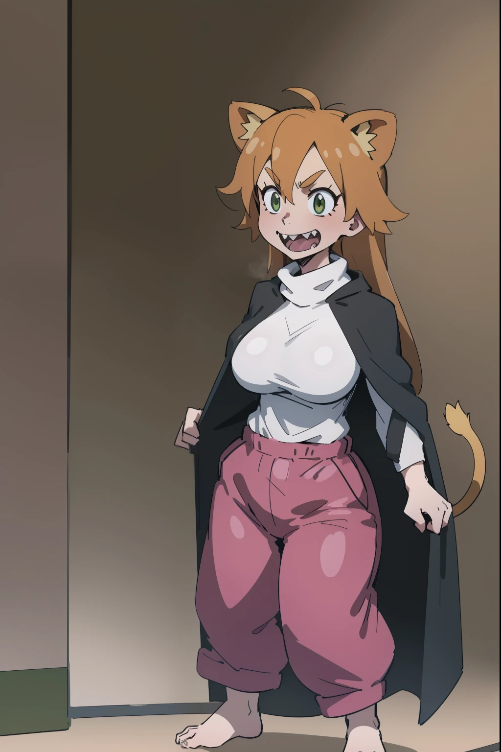 brown hair, long hair,medium breast, sport pants, long pullover, lion tails, living hair, animal fangs,green eyes, kemono mimi, cloak, medieval cloak flip flops