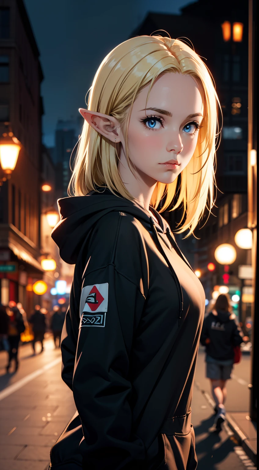 (masterpiece, best quality:1.4), 1girl, upper body, wearing Streetwear ((Hoodie)), blonde_hair, blue_eyes, serious face, closed_mouth, elf ears, looking_at_viewer, medium breast, full face blush, blurry background, depth of field, dinamic lighting, sharp focus, realistic proportions, good anatomy, Cityscape , outside, at night