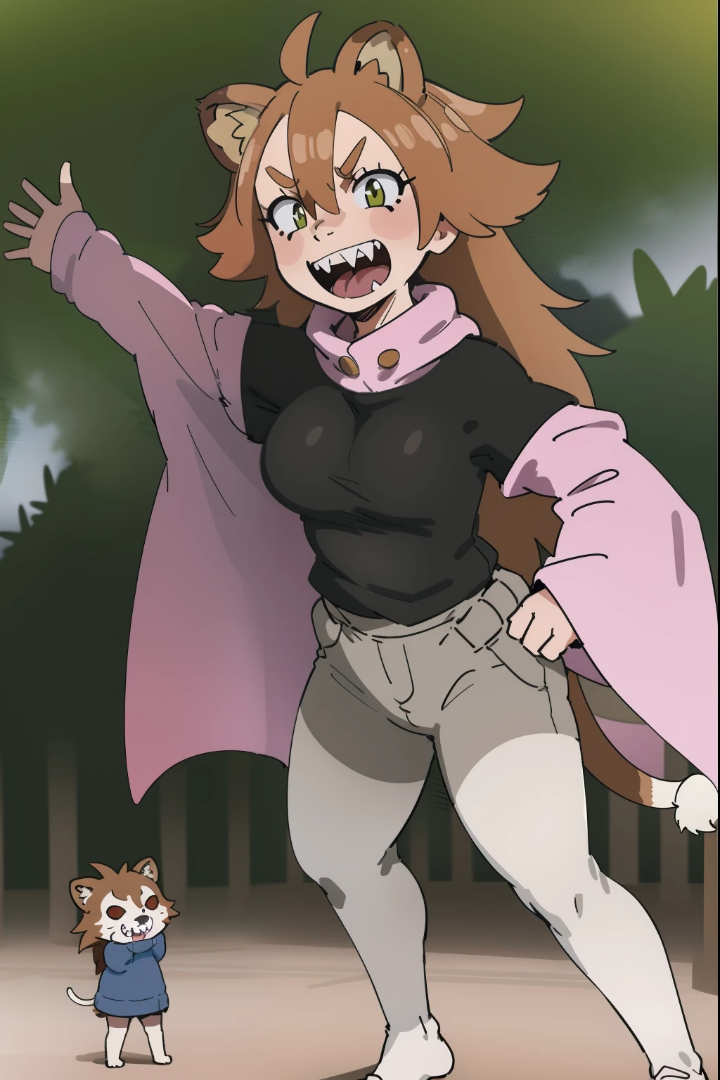 brown hair, long hair,medium breast, sport pants, long pullover, lion tails, living hair, animal fangs,green eyes, kemono mimi, cloak, medieval cloak flip flops