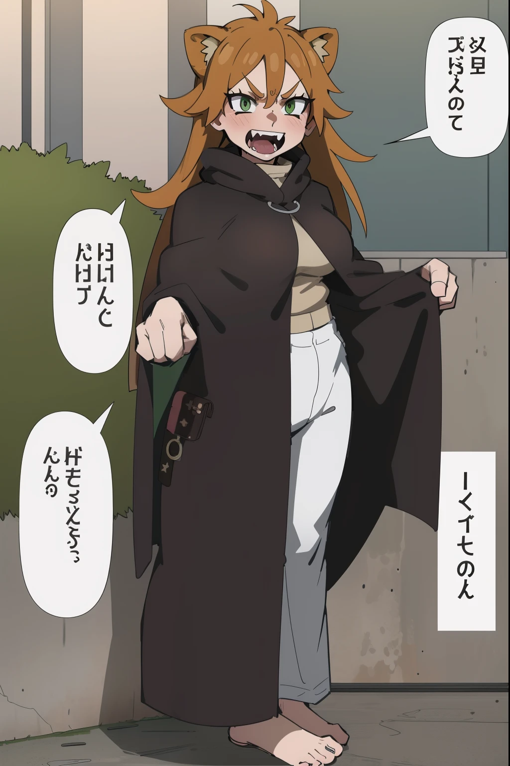 brown hair, long hair,medium breast, sport pants, long pullover, lion tails, living hair, animal fangs,green eyes, kemono mimi, cloak, medieval cloak flip flops