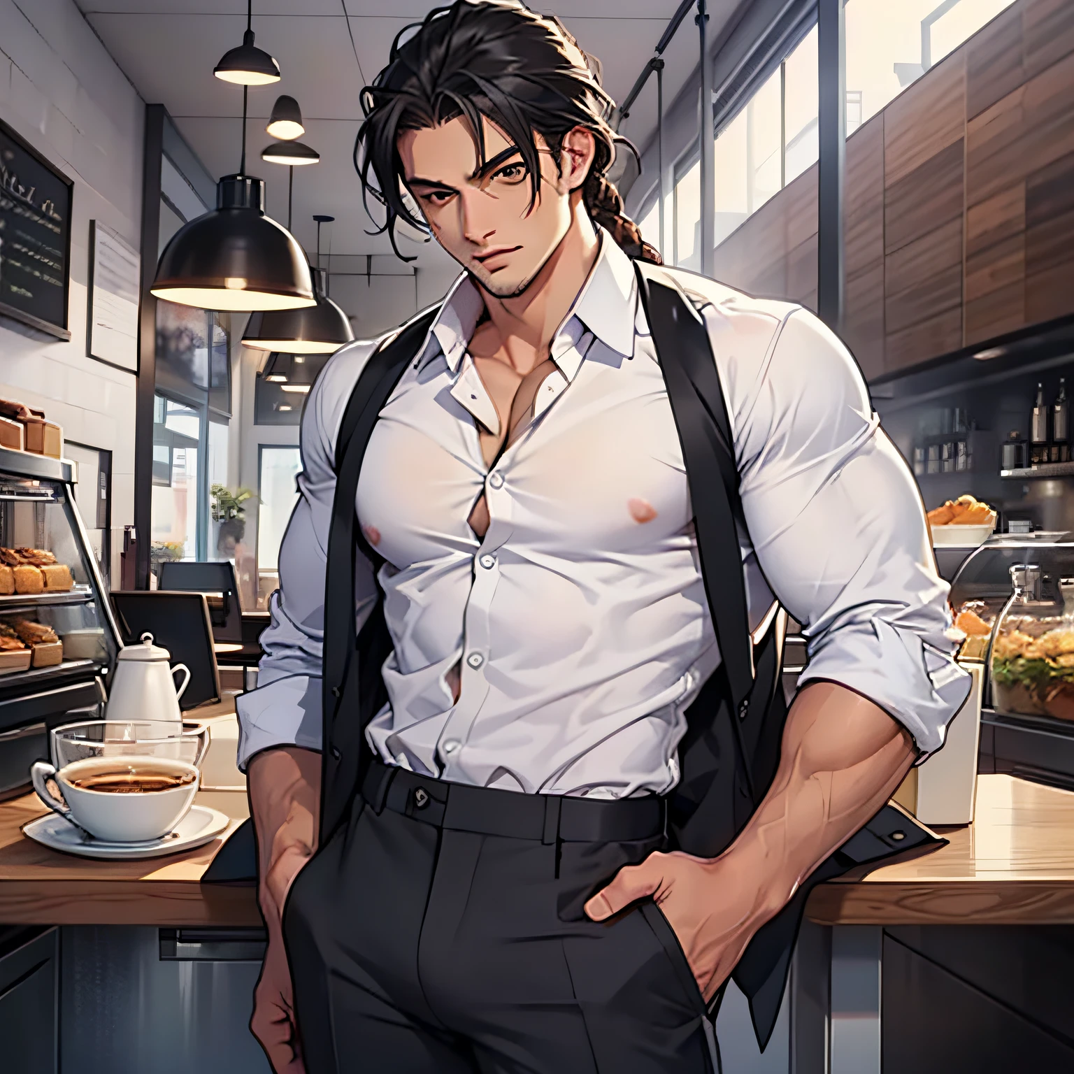 Handsome Man, He has black hair., Almost always unkempt, but it looks certain to it.. He's tall., It has wide shoulders., muscular. His face is very masculine, but he has really kind eyes.. Hazel eyes. Big bulge. hair tied back. trousers. White button up shirt. Cafe