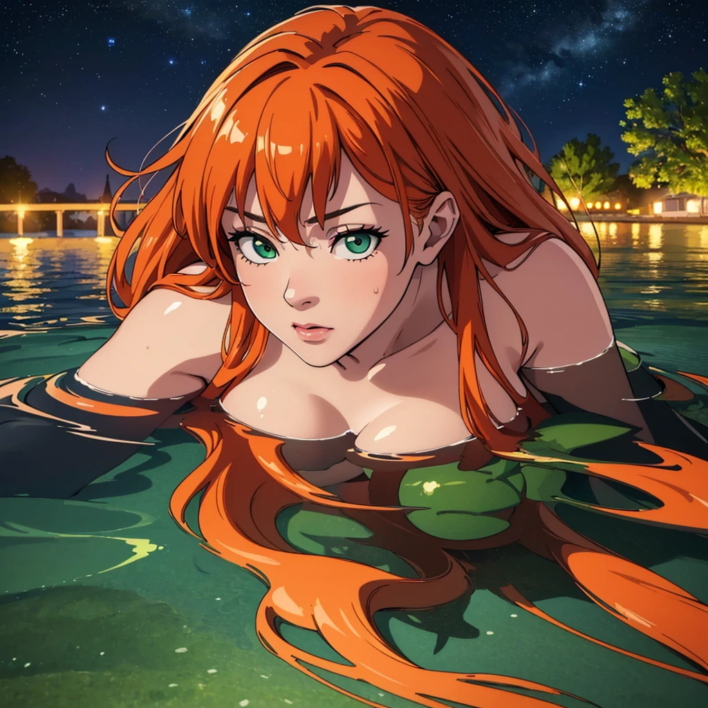 (masterpiece), (highest quality), (illustration), (super detailed), (high resolution), absurdity, 1girl,diluc,genshin,toragao,blush,red criss-cross halter bikini,mermaid,(red mermaid tail:1.1),night,luxury pool,looking at viewer,bimbo,cowboy shot,sitting,poolside,water,wet,outstretched hand