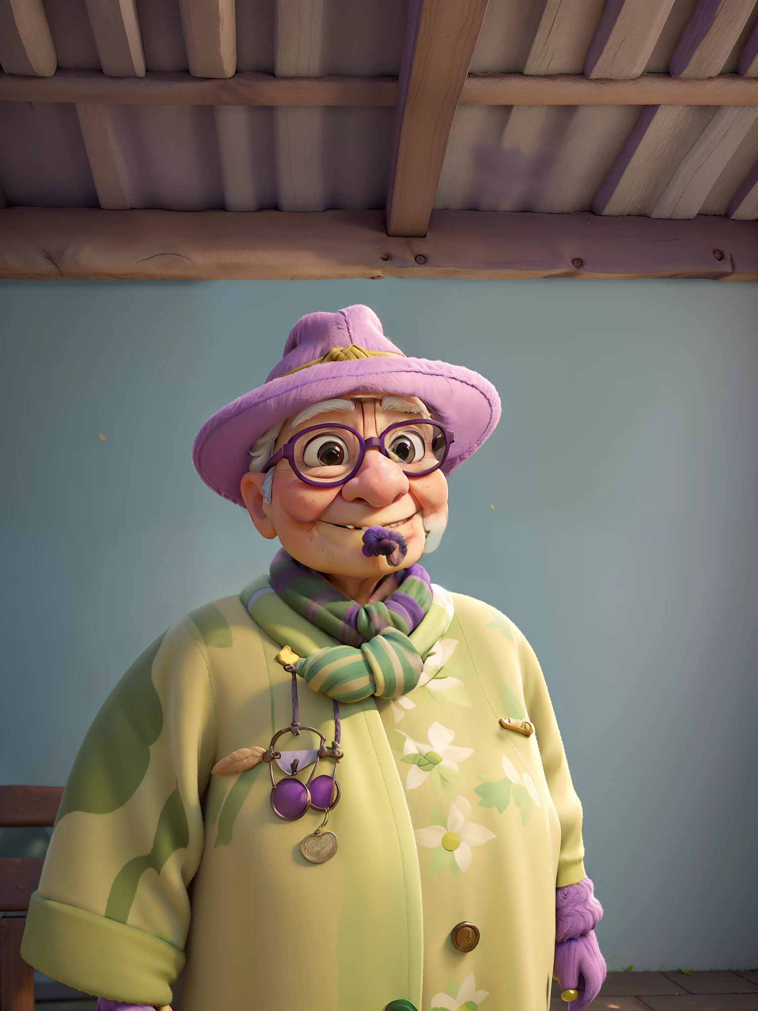 masterpiece, best quality, an old woman with glasses and a scarf on, wearing a purple coat and green scarf, standing at the park