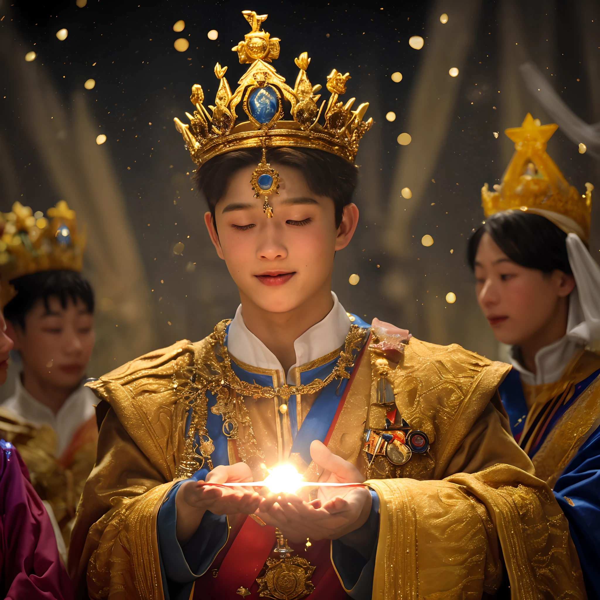 ultra realistic coronation of the wise young king, holding orb of light sovereign, wand of command and wearing light dimond crown, the king is emanating golden white aura, detail micro expression, the crowded hall everyone is happy